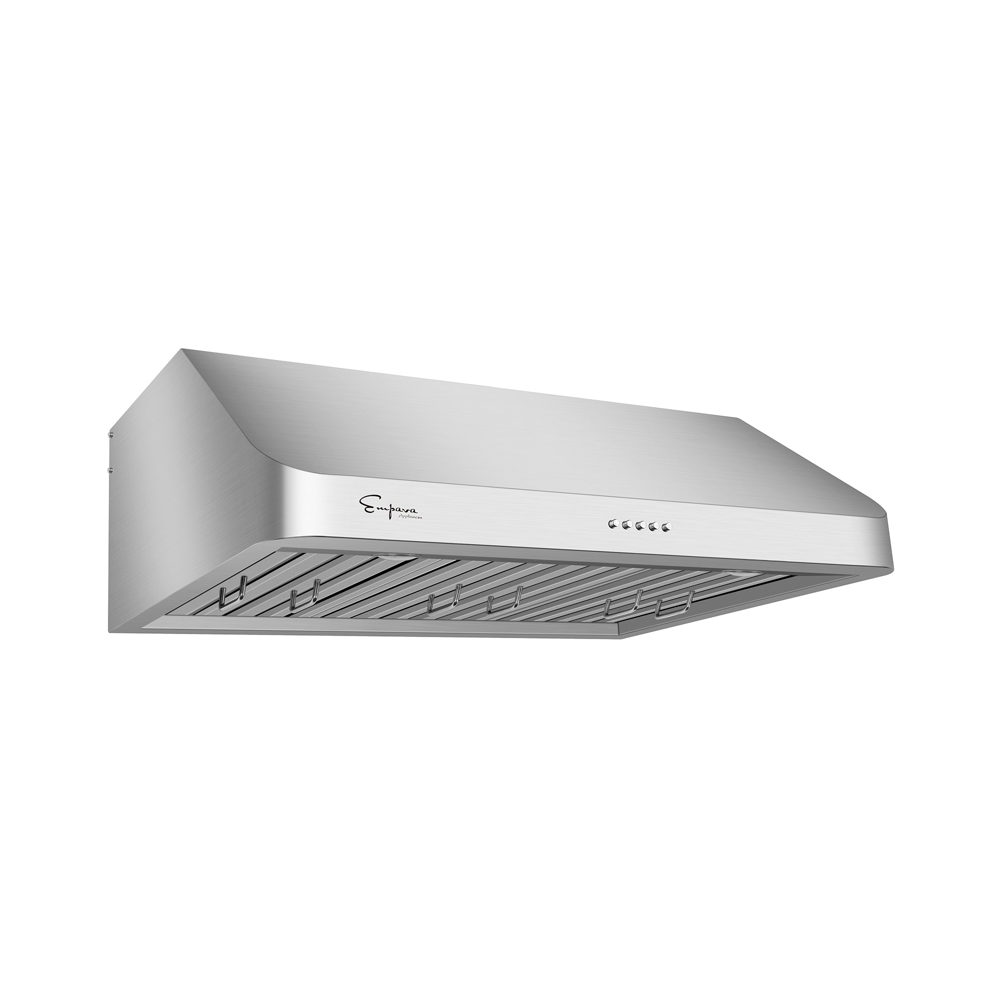 Ducted under-cabinet range hood in stainless steel, angled view with control panel