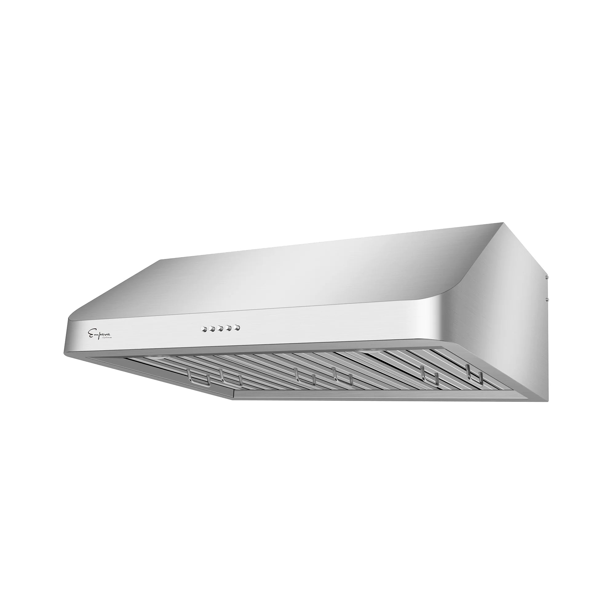 Stainless steel ducted under-cabinet range hood, side angle with vent baffle filters