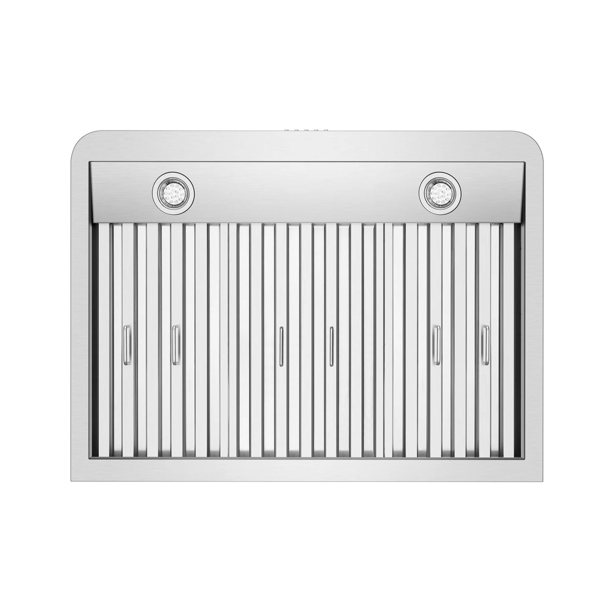 Under-cabinet range hood front with two round knobs and vertical grease filter slats