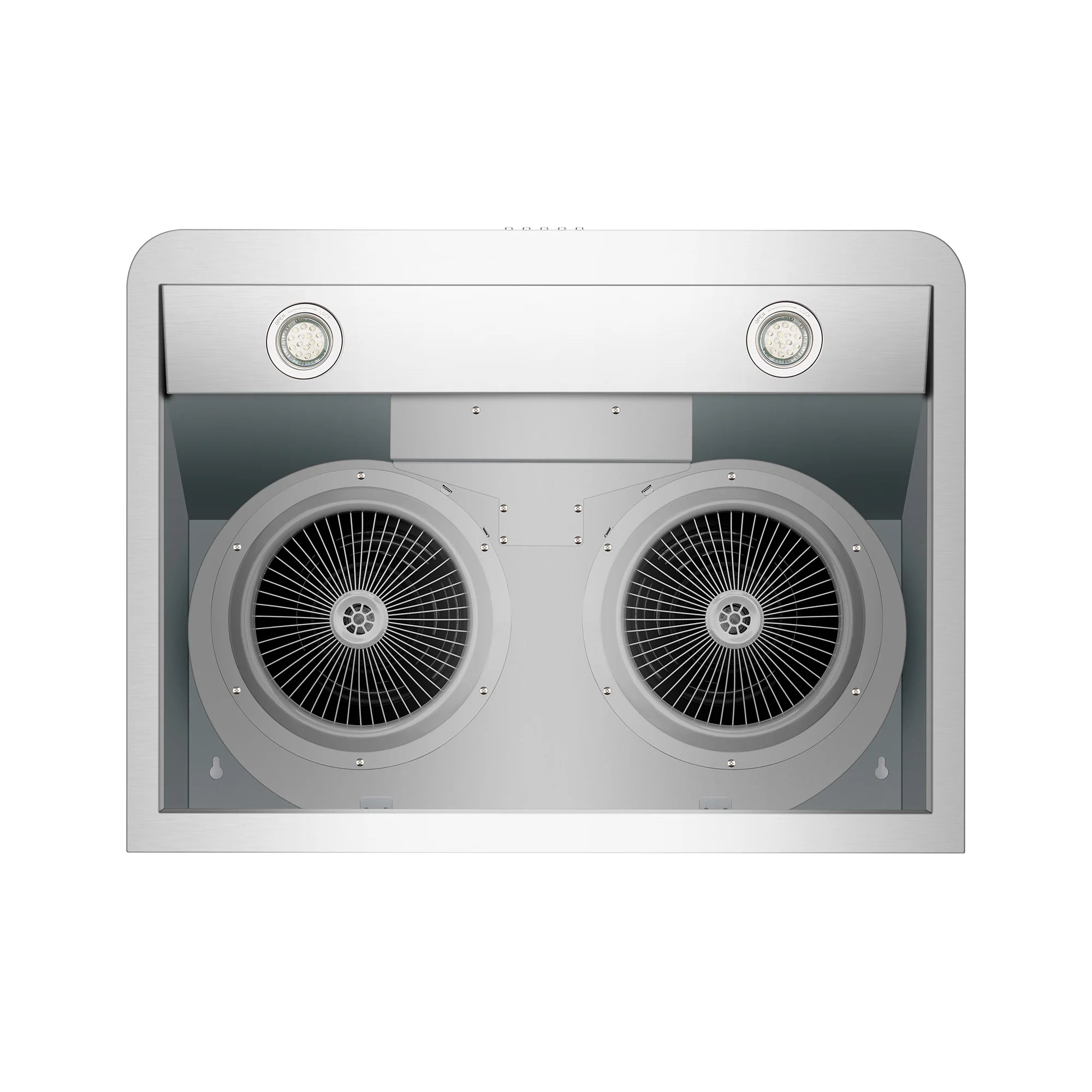 Under-cabinet range hood with internal twin fan housings behind front filter panel