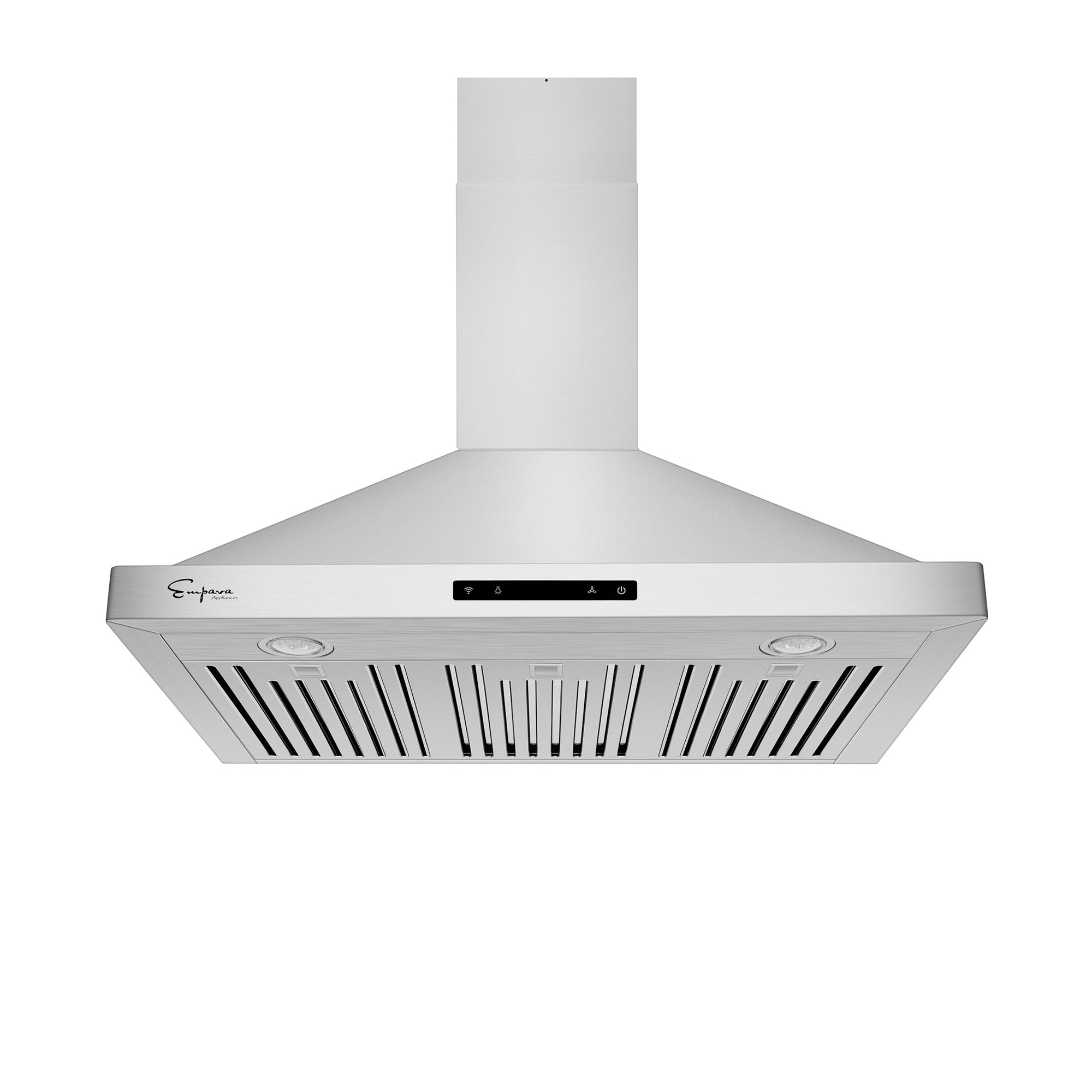 Stainless steel wall-mount range hood with front vent grille and control panel