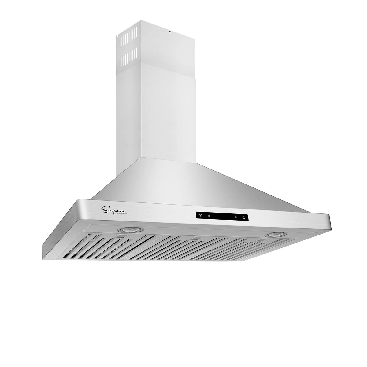 Stainless steel wall-mount range hood with vent grille and top control buttons