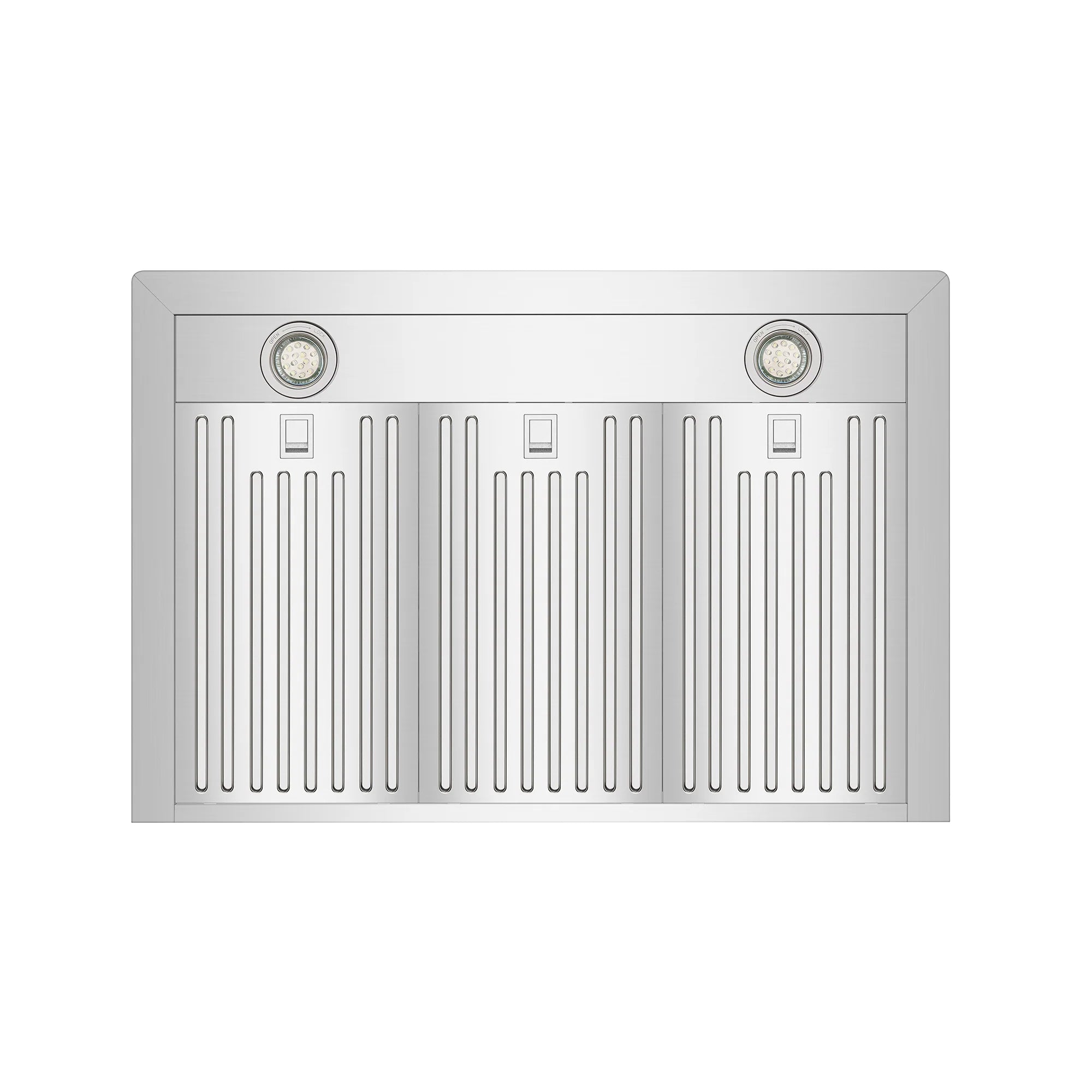 Stainless steel range hood baffle filter area with two round lights