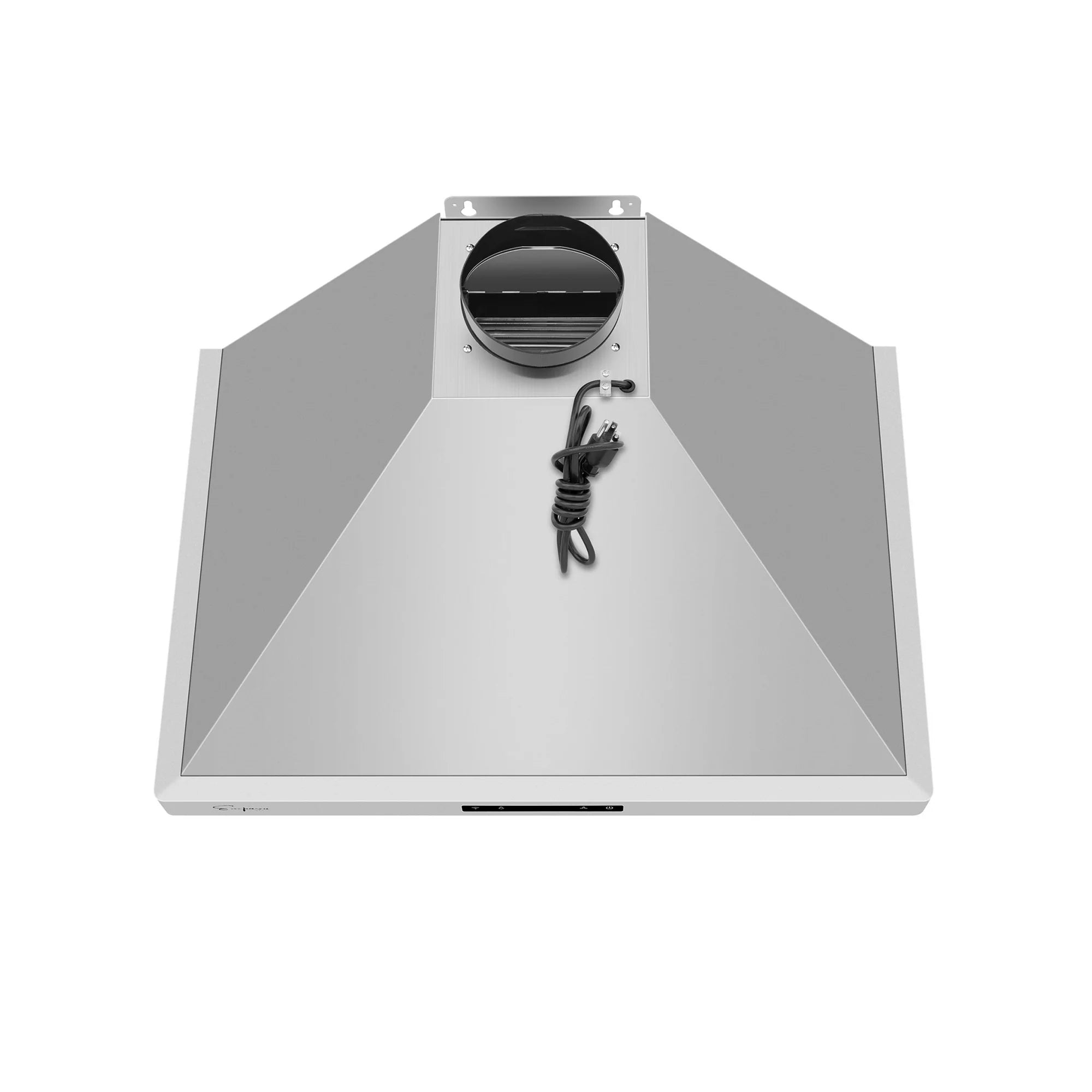 Stainless steel range hood underside with round fan housing and power cord