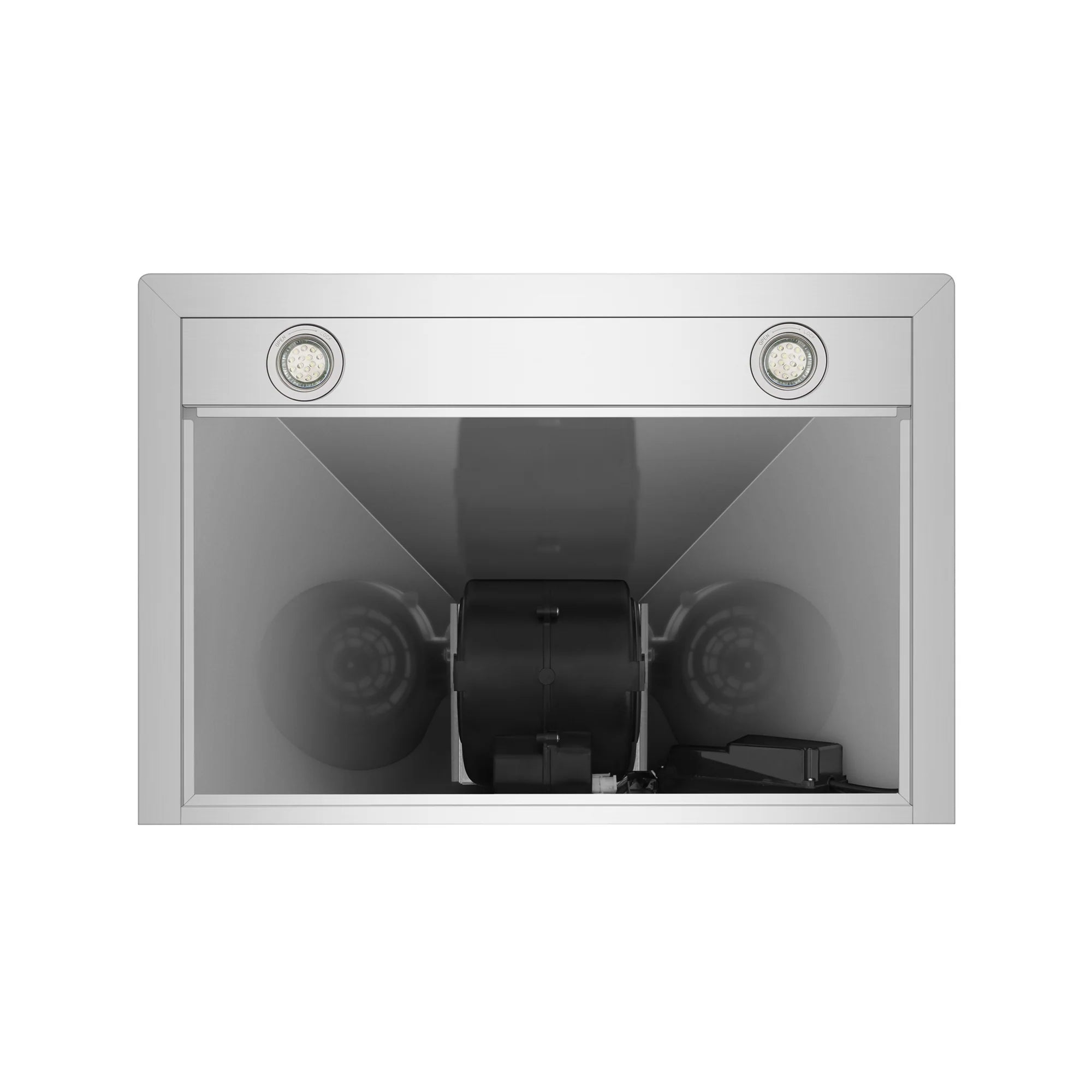 Stainless steel range hood interior with fan housing and two round light fixtures