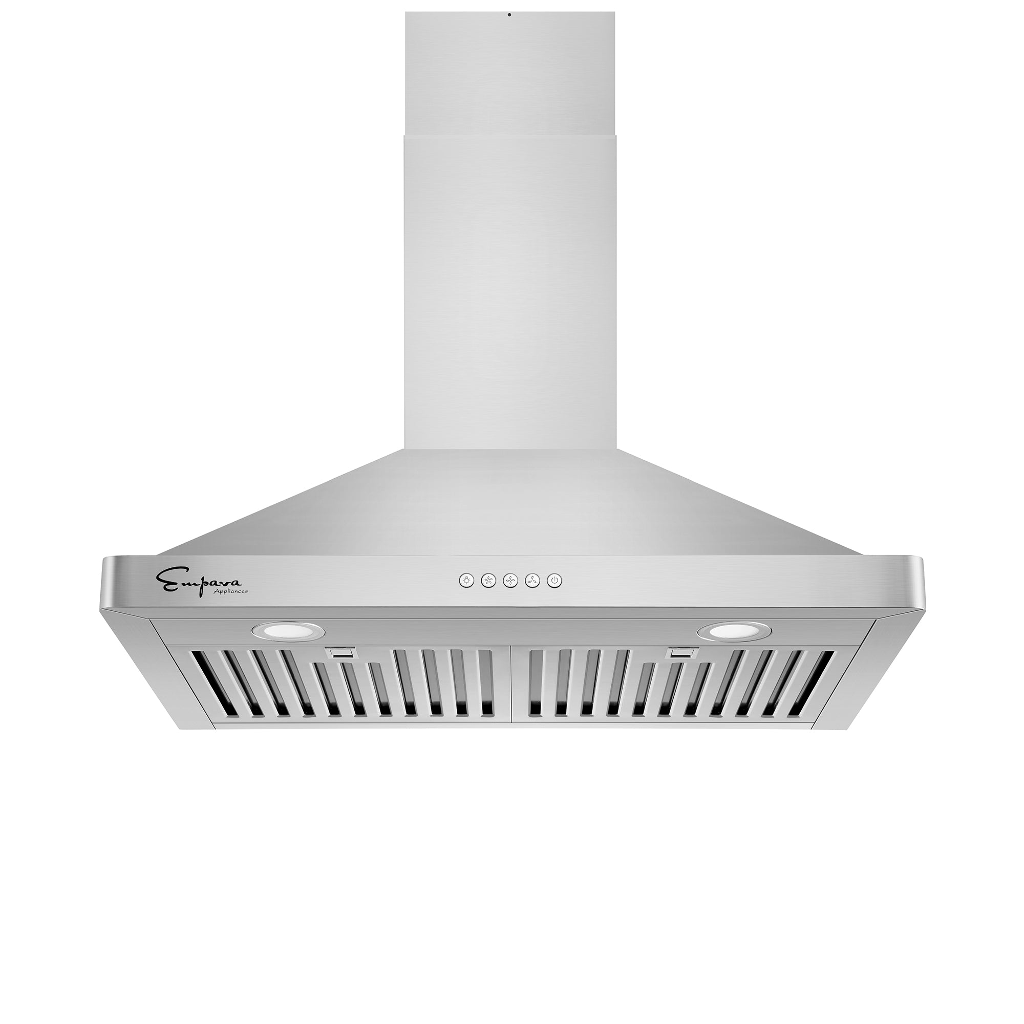 Stainless steel wall-mount ducted range hood with canopy and vent grill