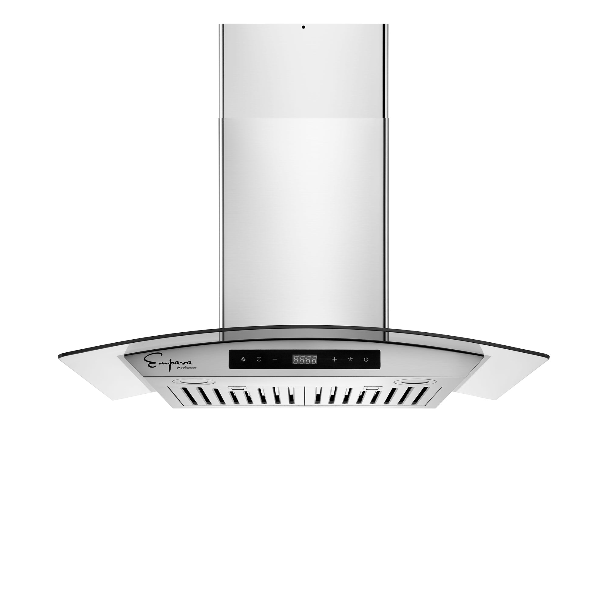 Empava wall mount ducted range hood in stainless steel, with curved canopy and control panel