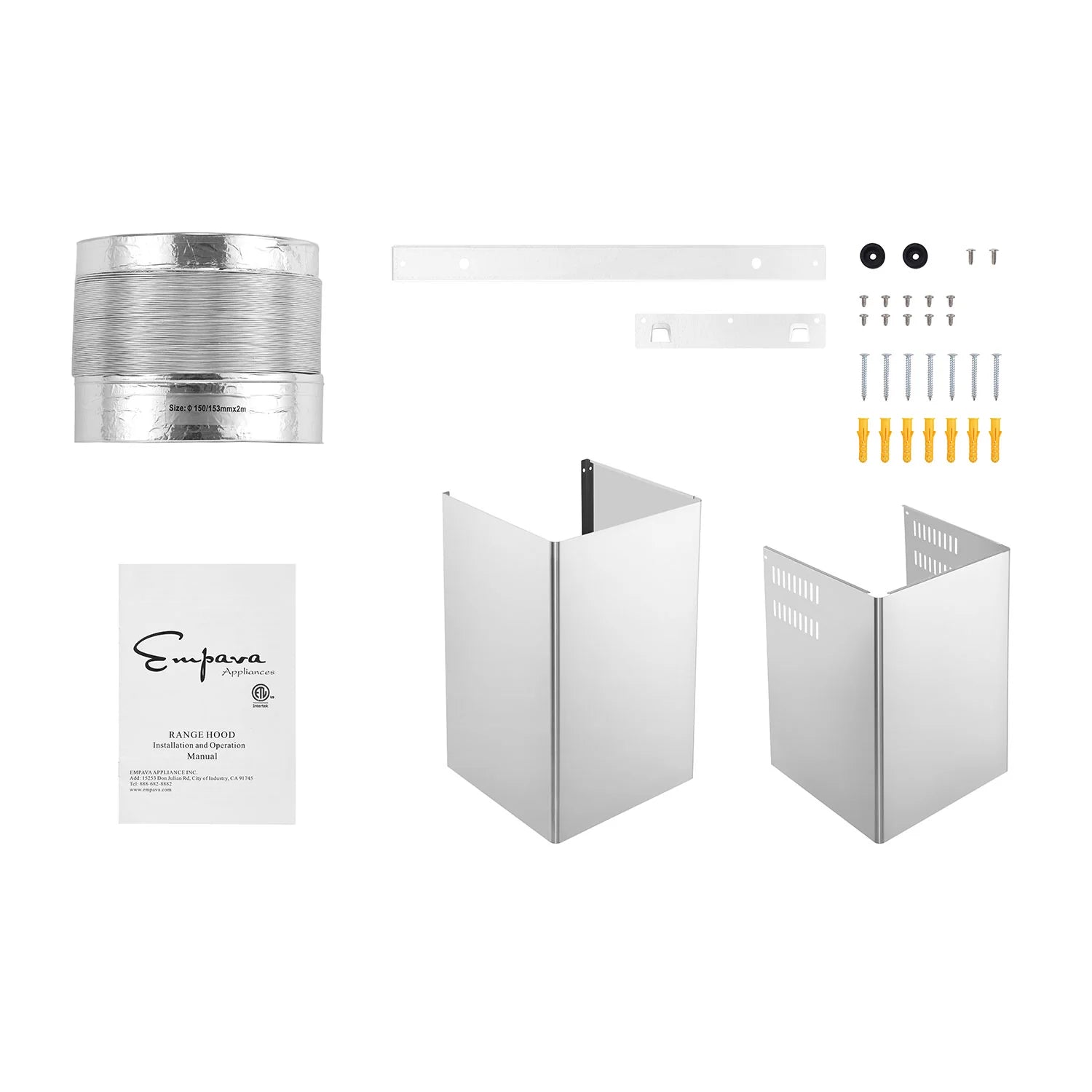 Empava wall mount ducted range hood installation parts, ducting accessory and hardware