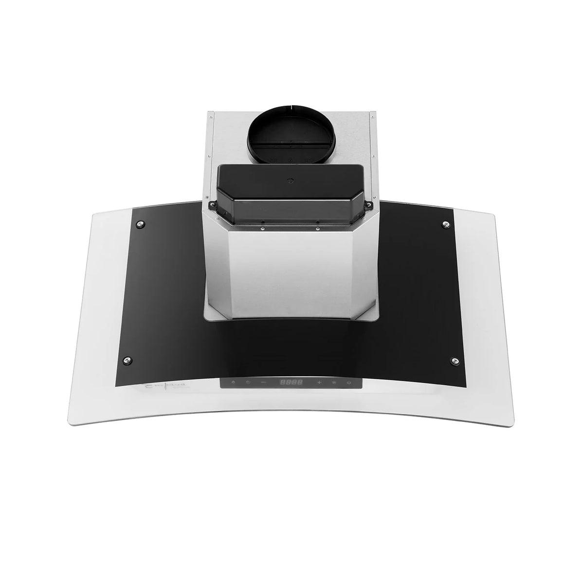 Empava wall mount ducted range hood underside view with duct collar and black baffle