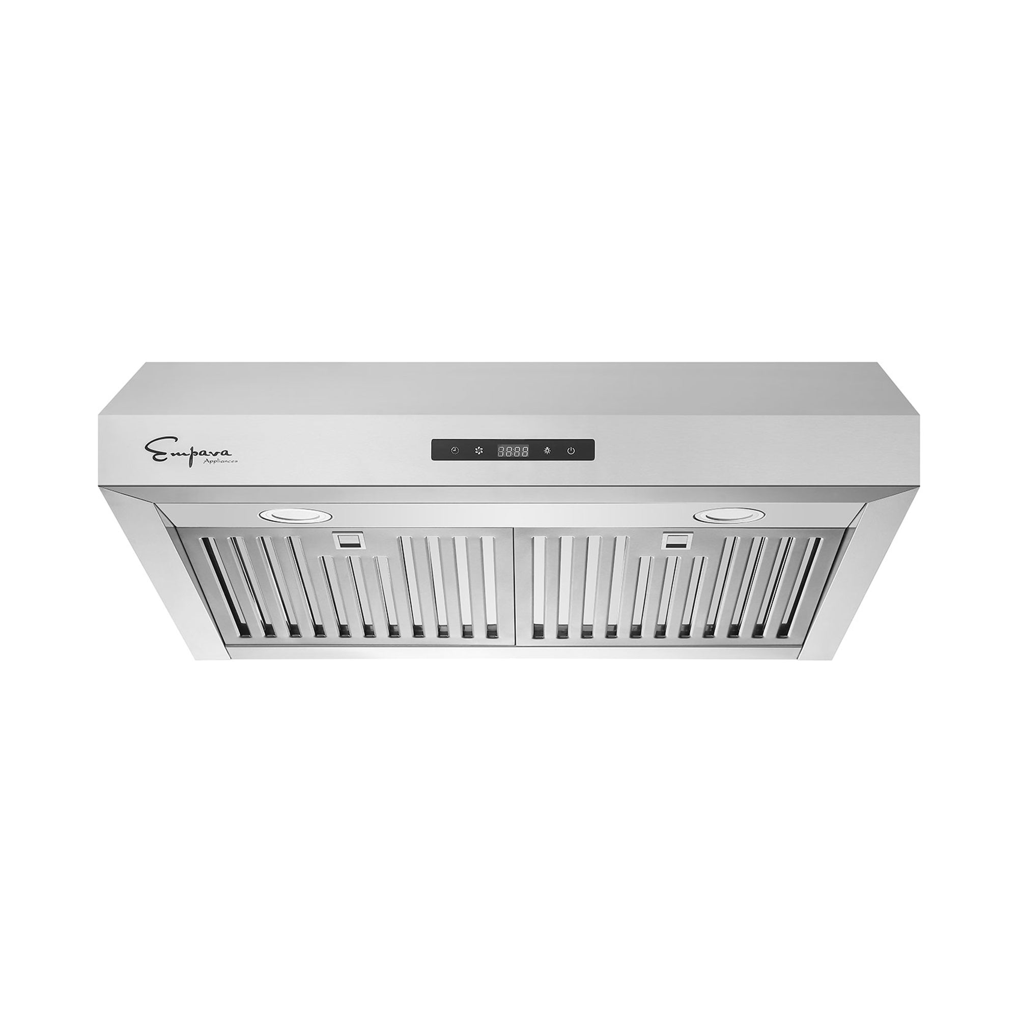 Stainless steel under-cabinet range hood with vented grille and control panel, front view.