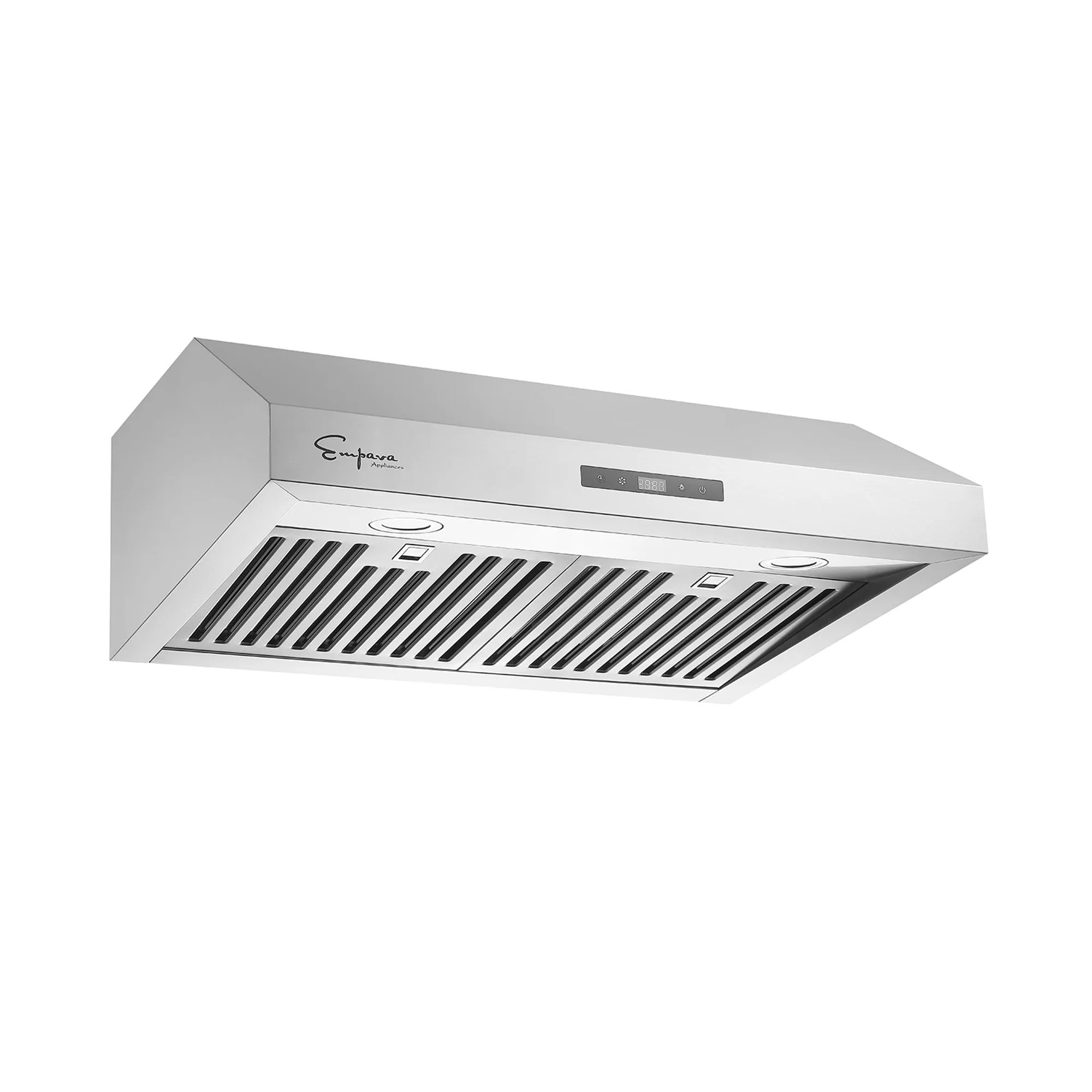 Stainless steel under-cabinet range hood with vented grille, angled view and control panel.