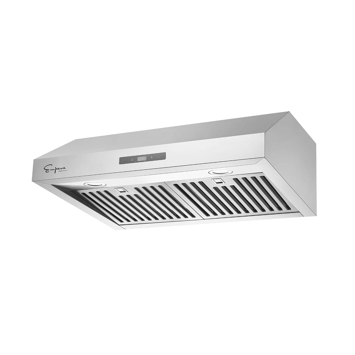 Stainless steel under-cabinet range hood with vented grille and circular fan openings, side view.