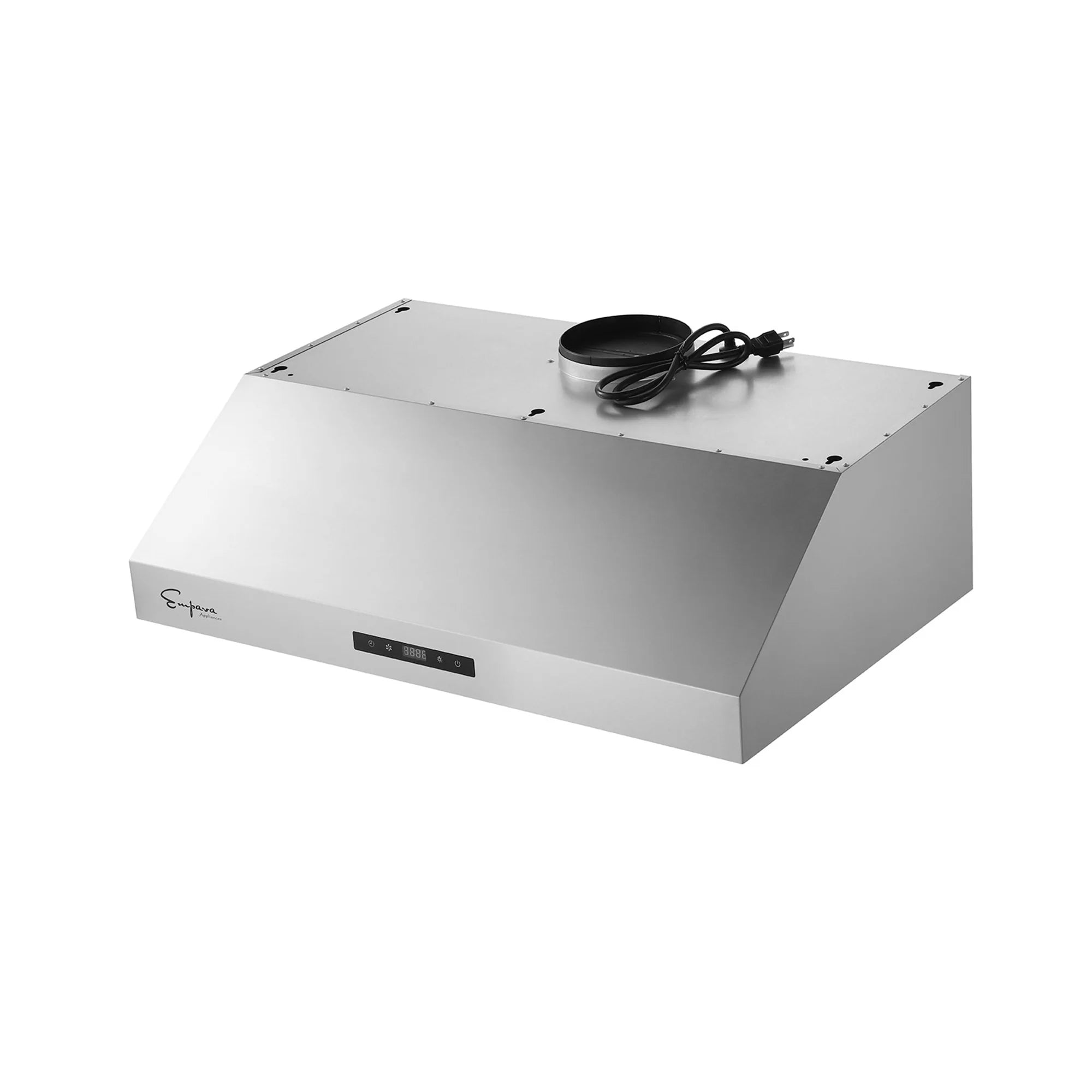 Stainless steel under-cabinet range hood base with power cord and mounting plate, top view.