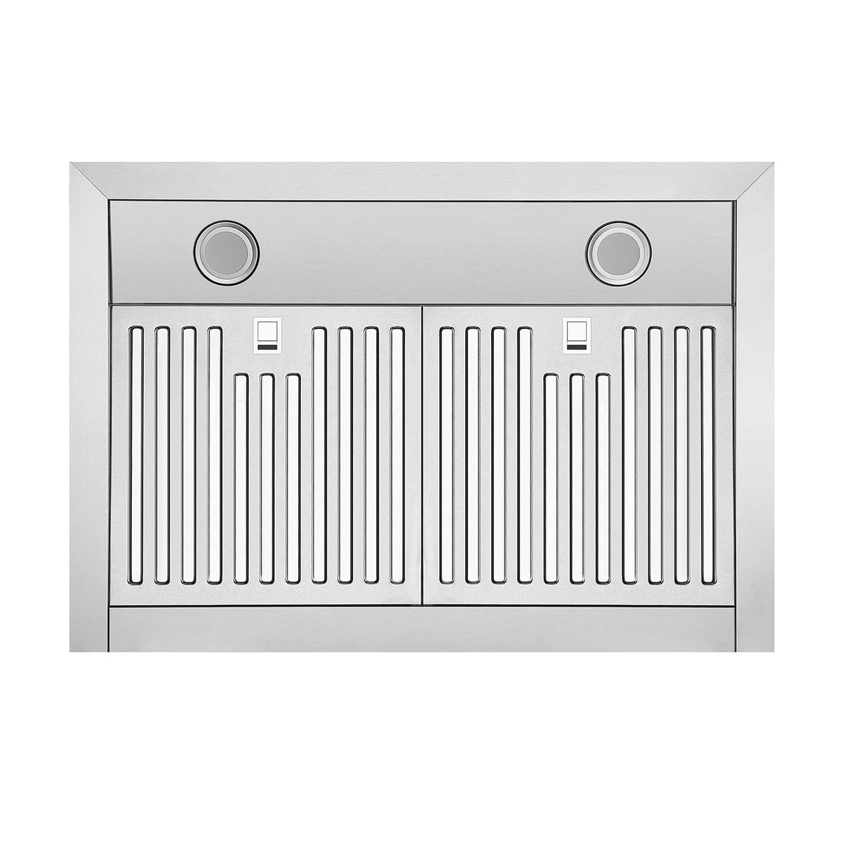 Stainless steel under-cabinet range hood front with two round knobs and vented grille.