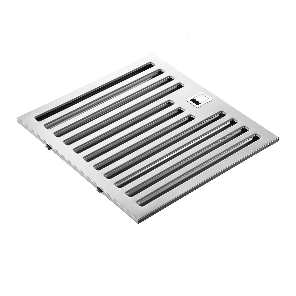 Stainless steel range hood grease filter with slotted openings and a small access window.