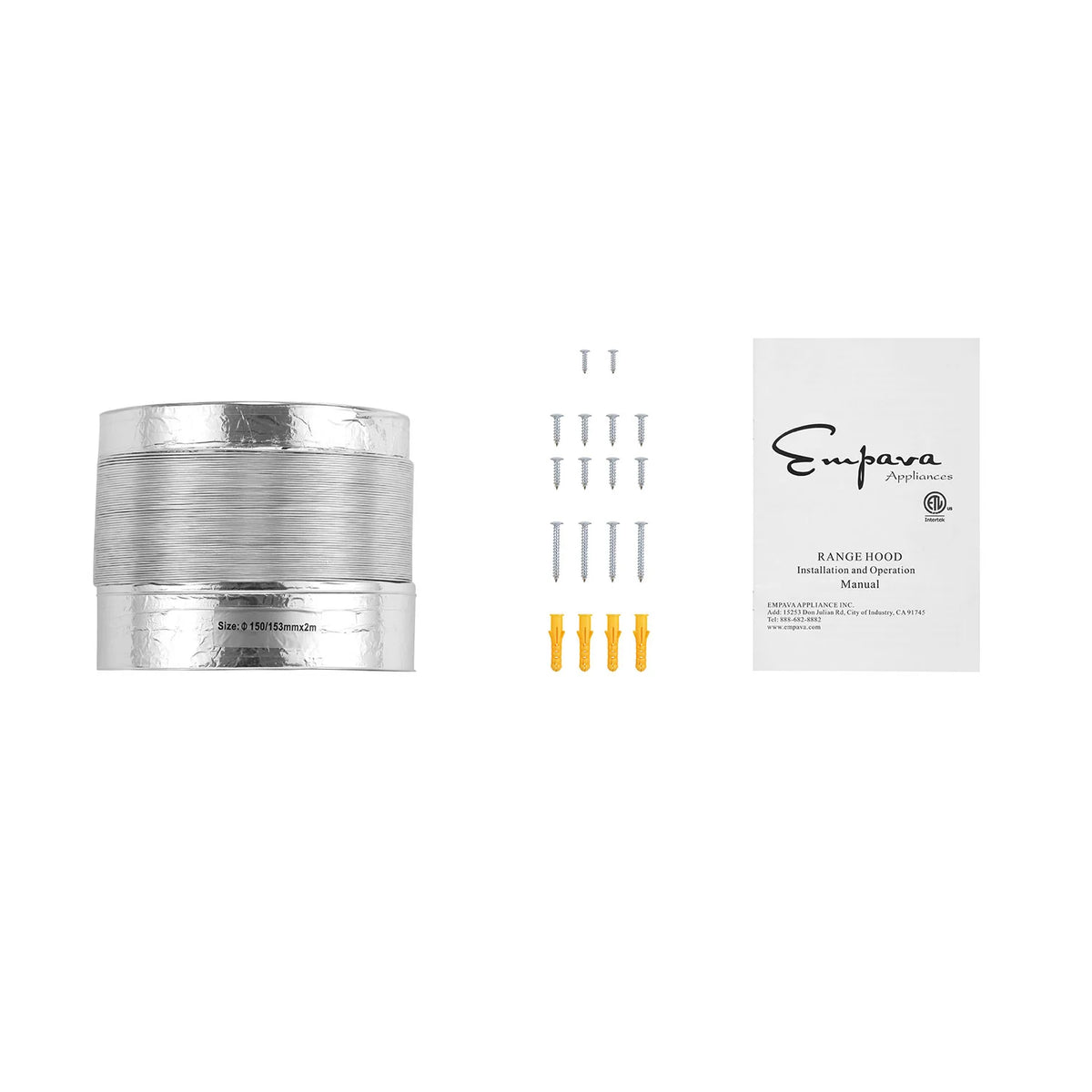 Range hood accessory kit with duct connector, mounting hardware, and instruction manual.
