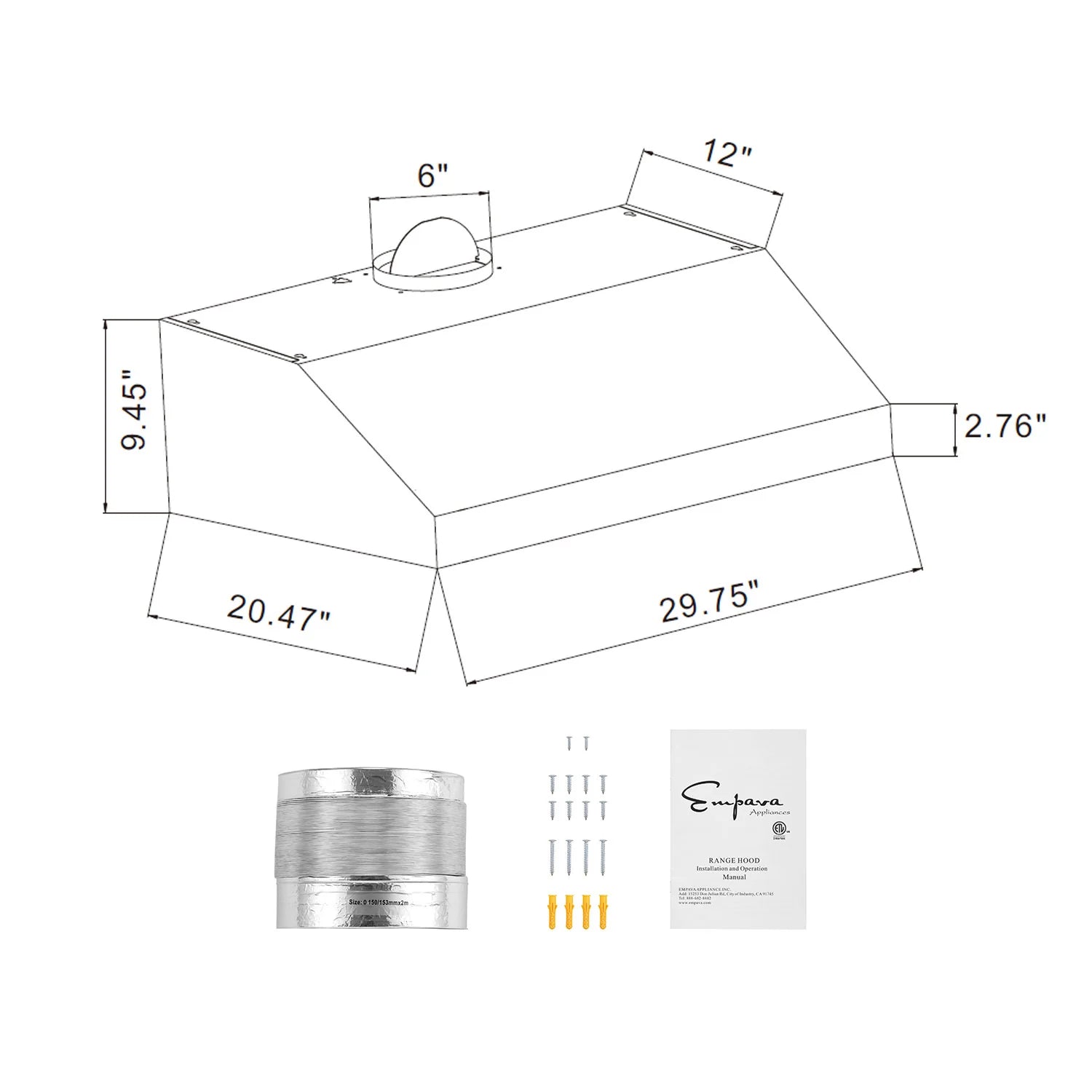 Range hood accessory kit with size diagram, duct connector, and instruction manual.
