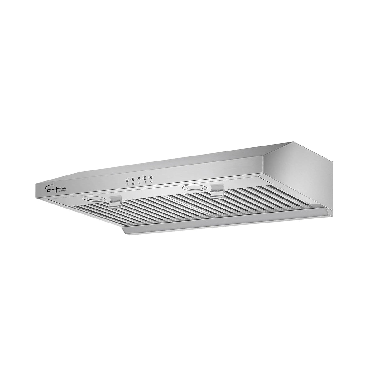 Empava ducted under-cabinet range hood angled view with stainless filter grille and controls
