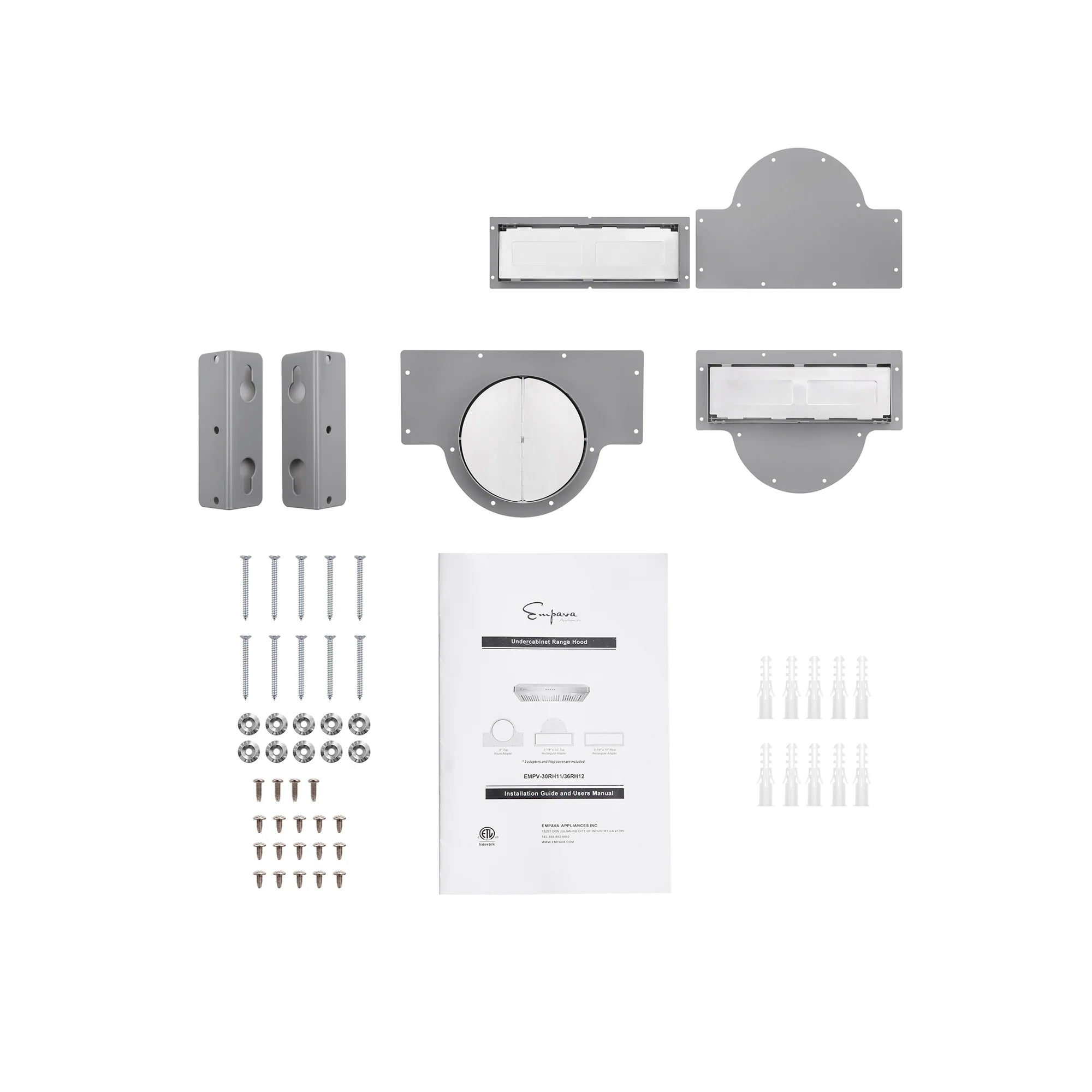 Empava range hood installation parts set with mounting brackets, templates, and screws