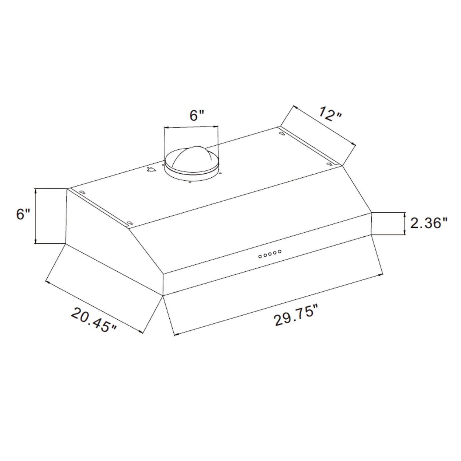 Empava ducted range hood size diagram with 30.75 in length and 29.75 in depth