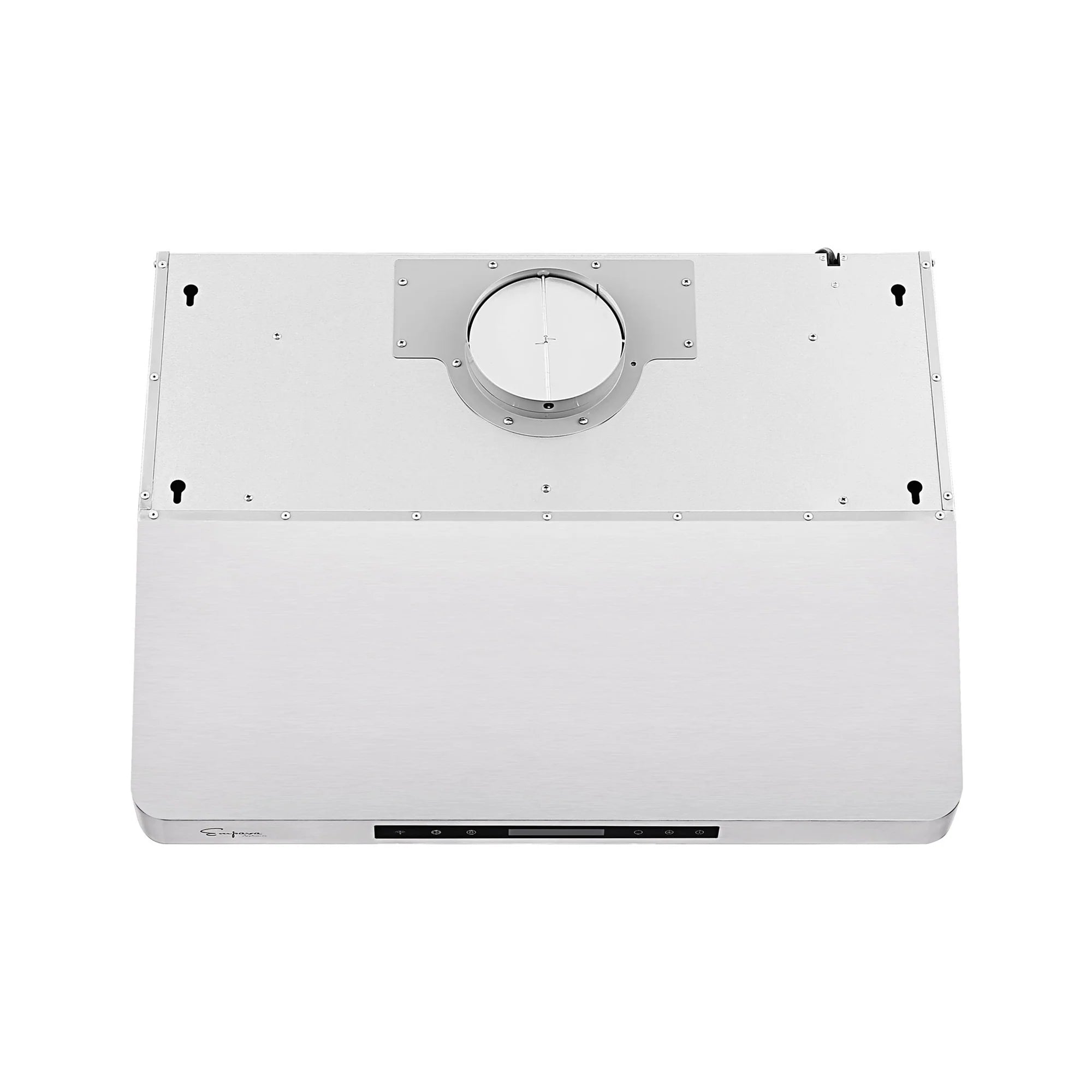 Stainless steel range hood back housing with mounting holes and recessed control strip