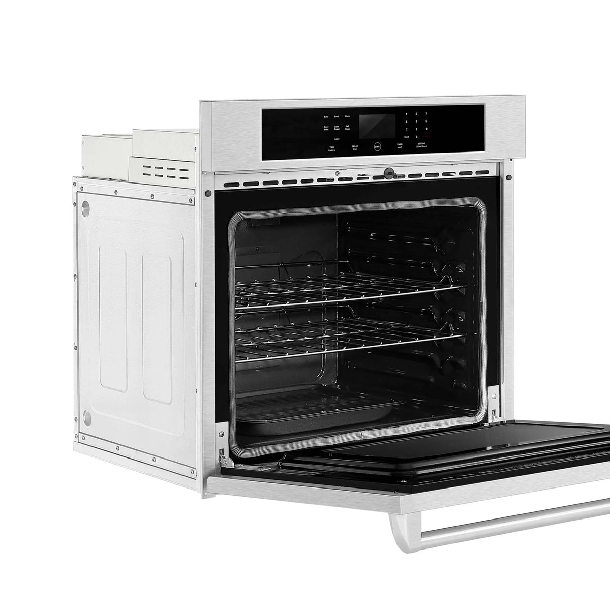 Empava 30-inch built-in wall oven with door open, wire racks inside
