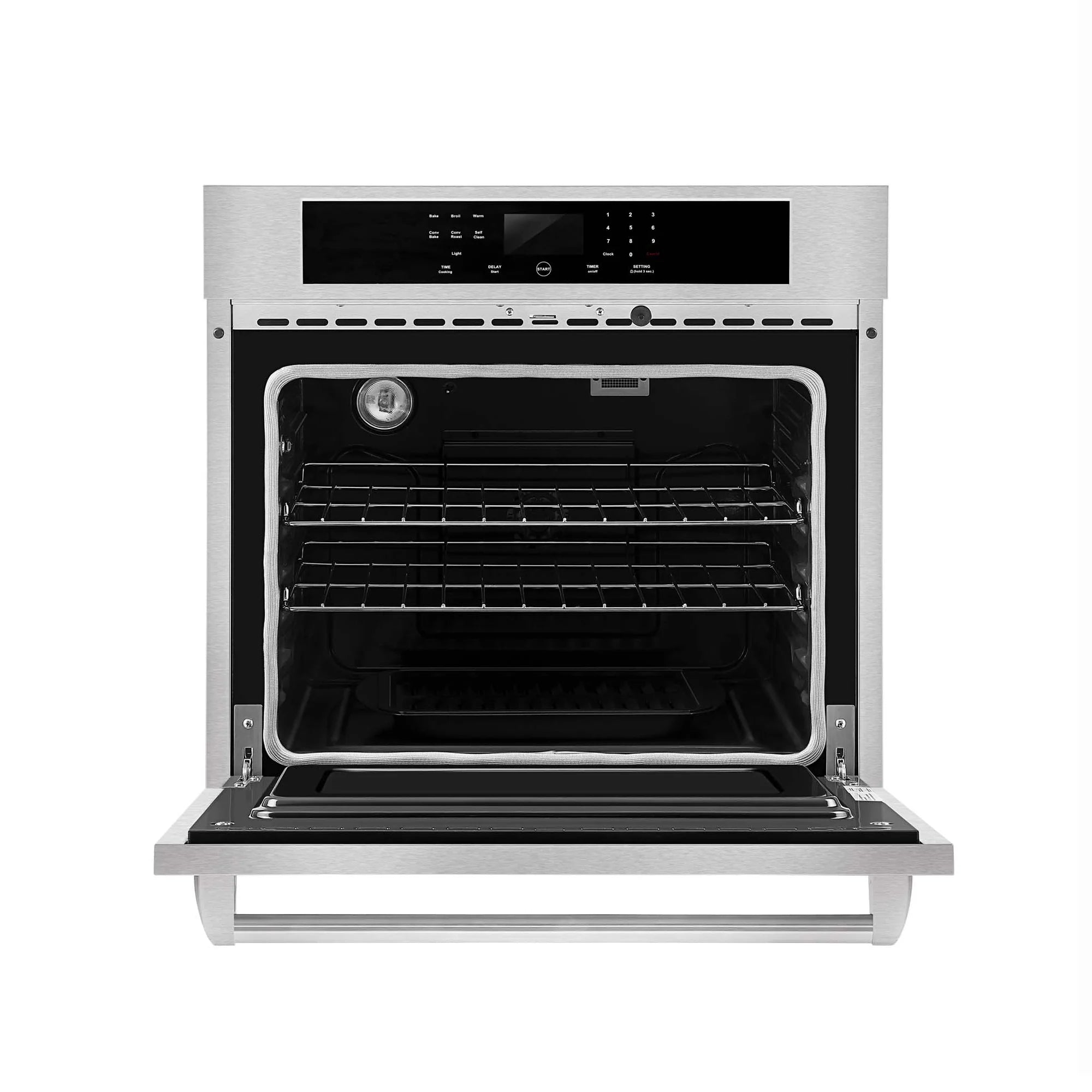 Empava electric wall oven with open door, stainless frame and lit interior cavity