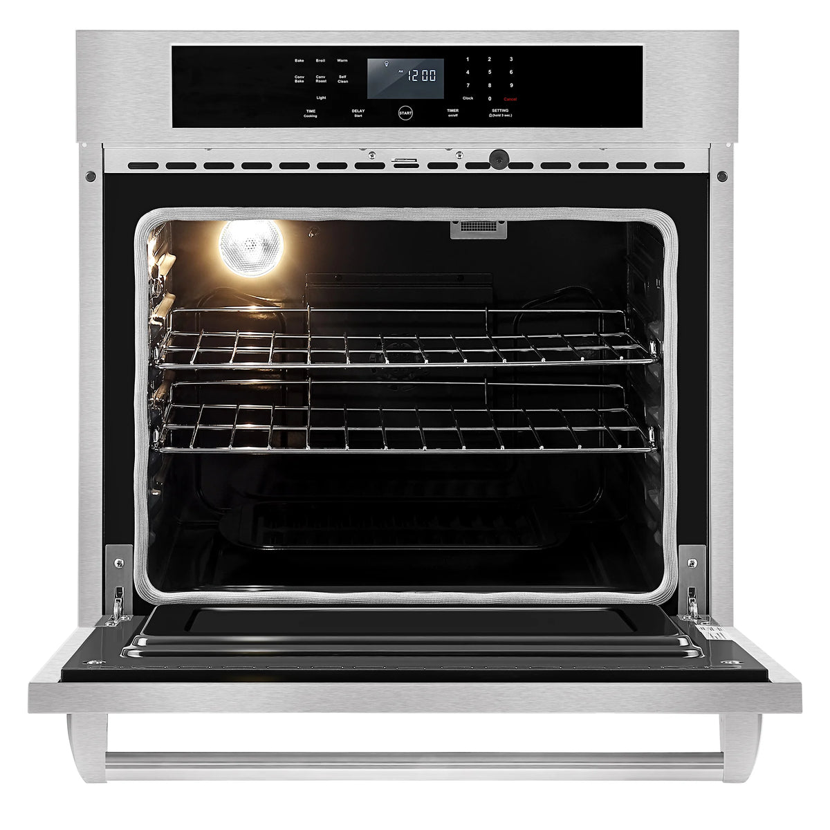 Empava wall oven open with oven light on and metal baking racks inside