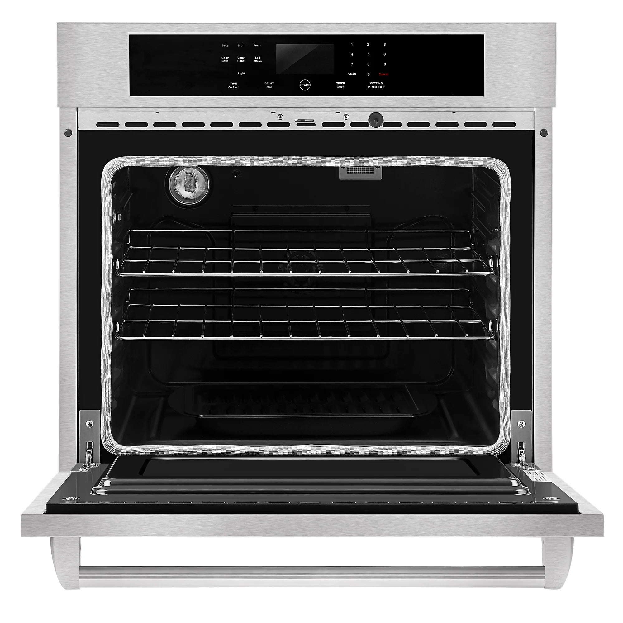 Empava 30-inch built-in electric oven with open door and visible rack supports