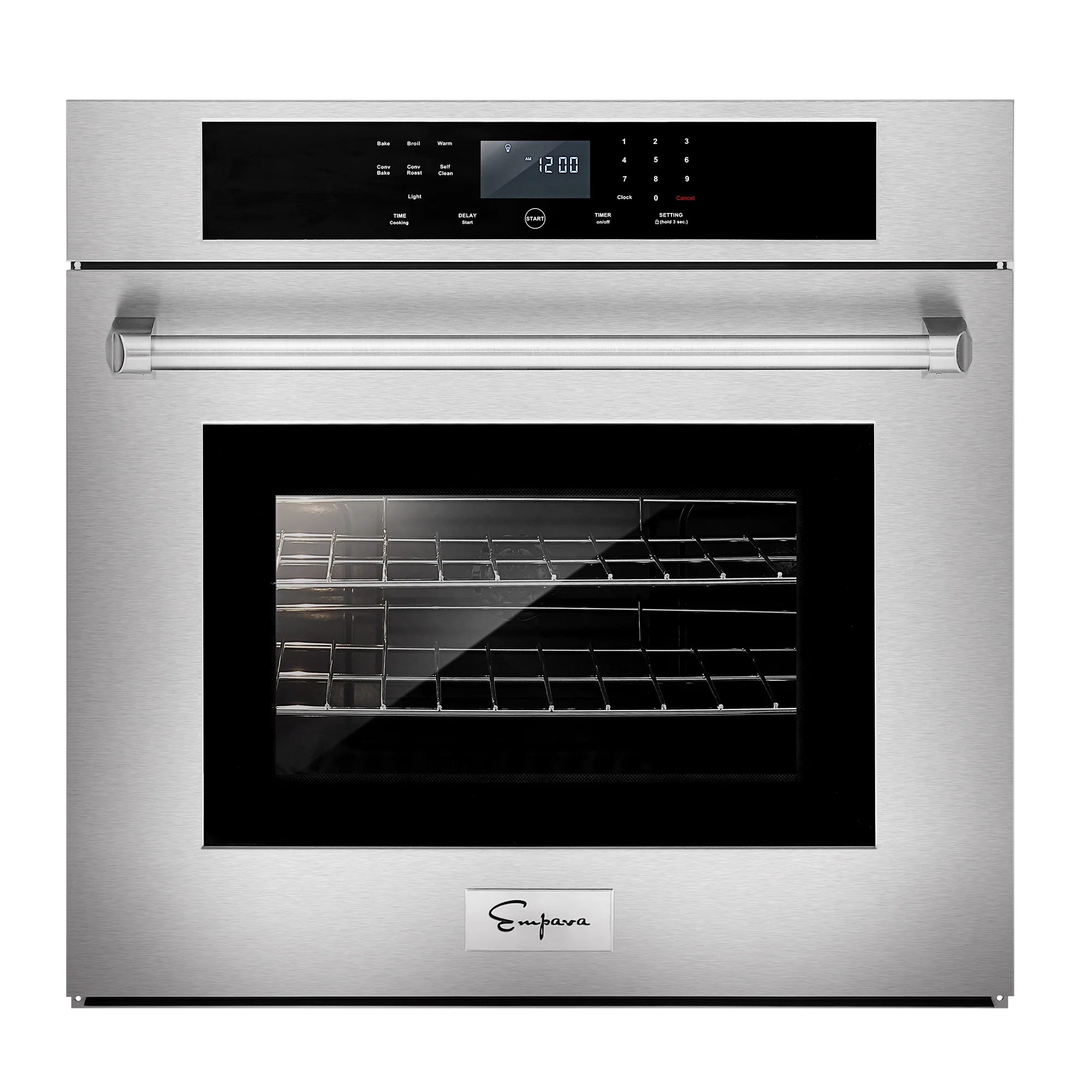 Empava electric wall oven, open door with illuminated baking compartment