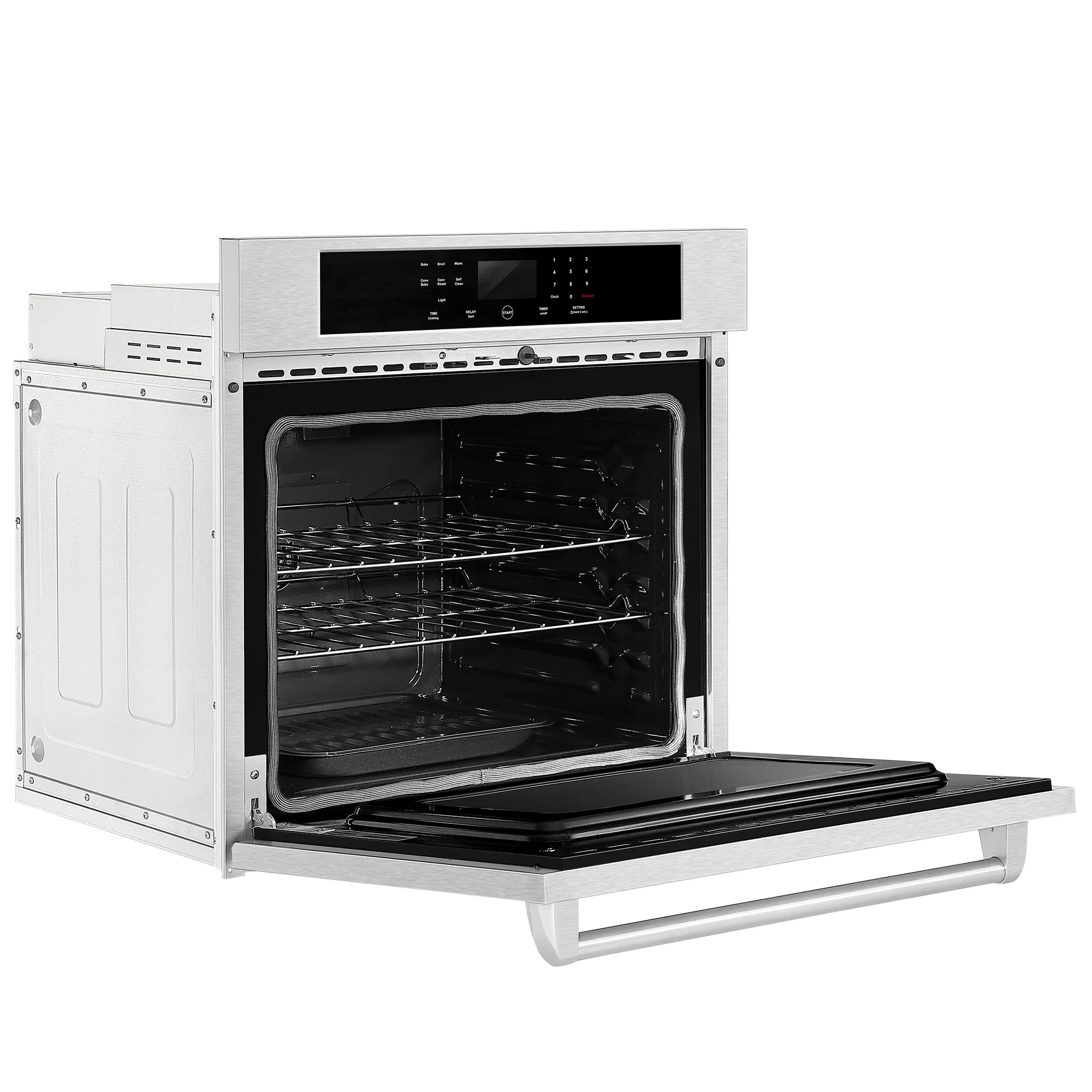 Empava wall oven open, showcasing inner racks and stainless slide-out tray