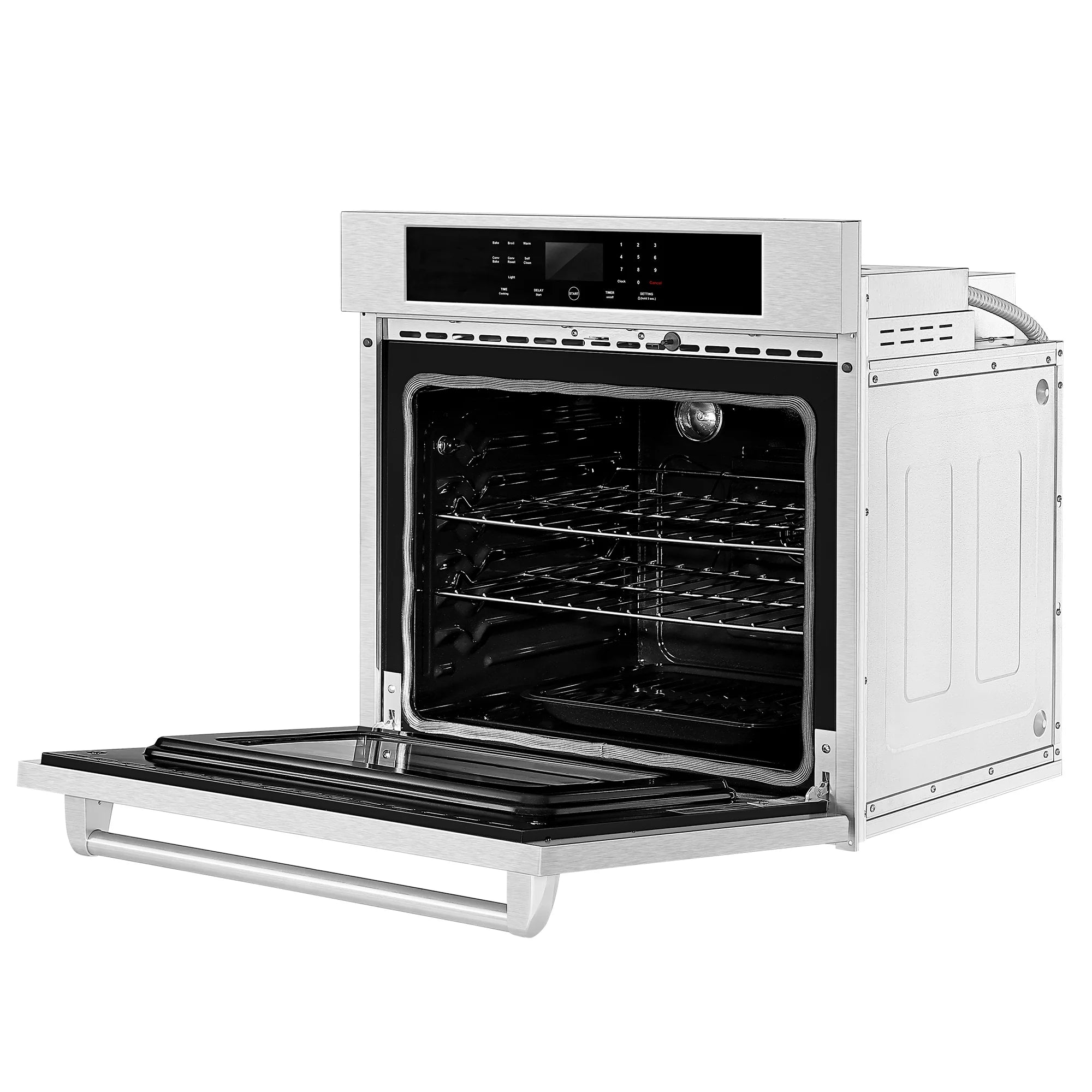 Empava built-in electric wall oven open, showing interior and front pull-out base