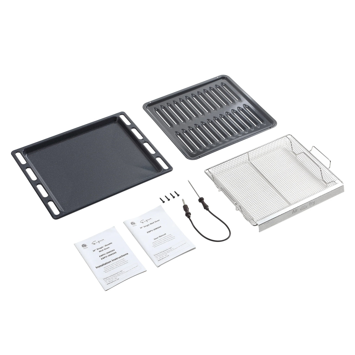 Electric oven accessory set with mounting plates, rack, trays, and instruction booklets