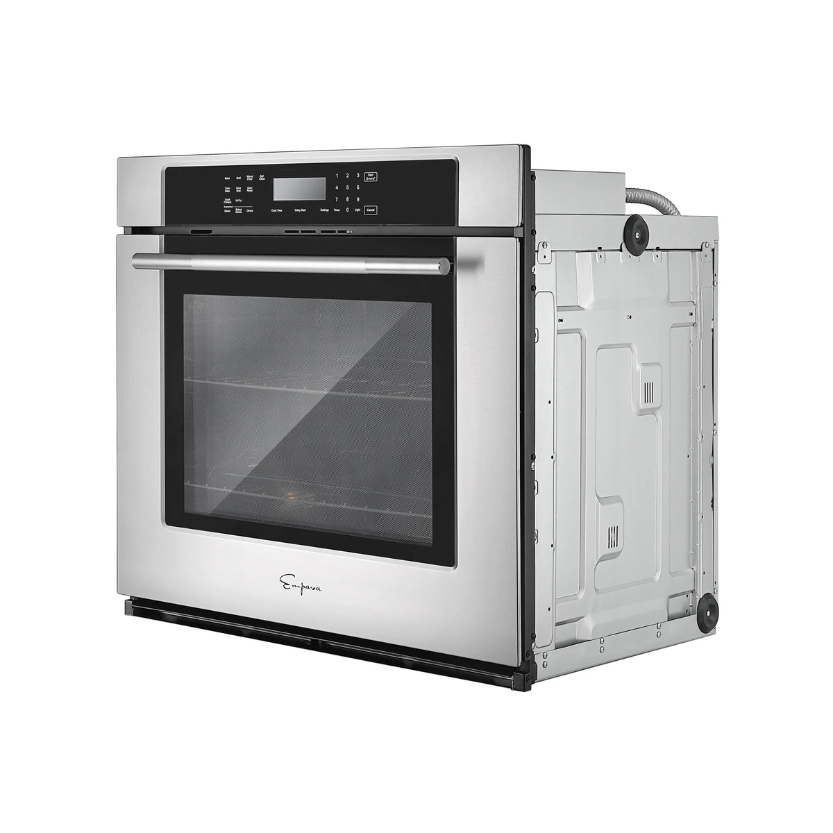 Stainless steel electric wall oven with open side panel revealing internal components