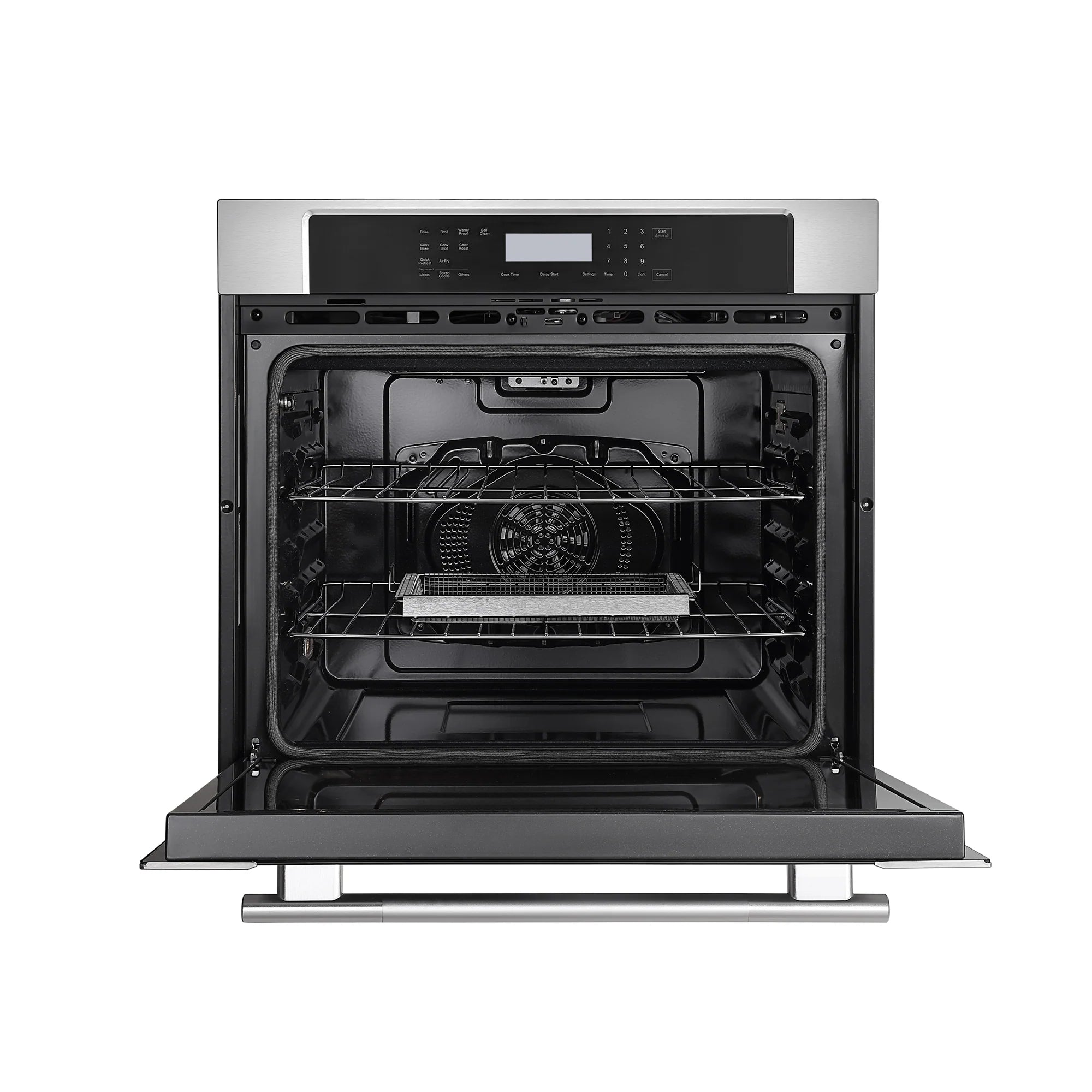 Electric wall oven with open door showing interior racks and fan area