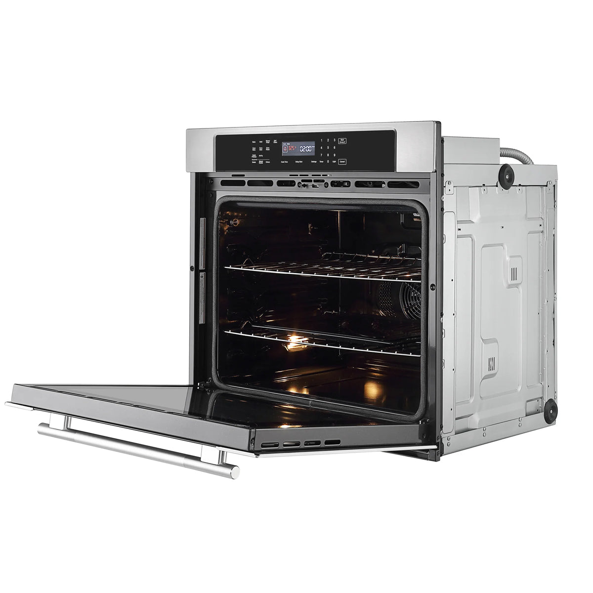 Electric single wall oven with door open, interior light on, racks and heating element