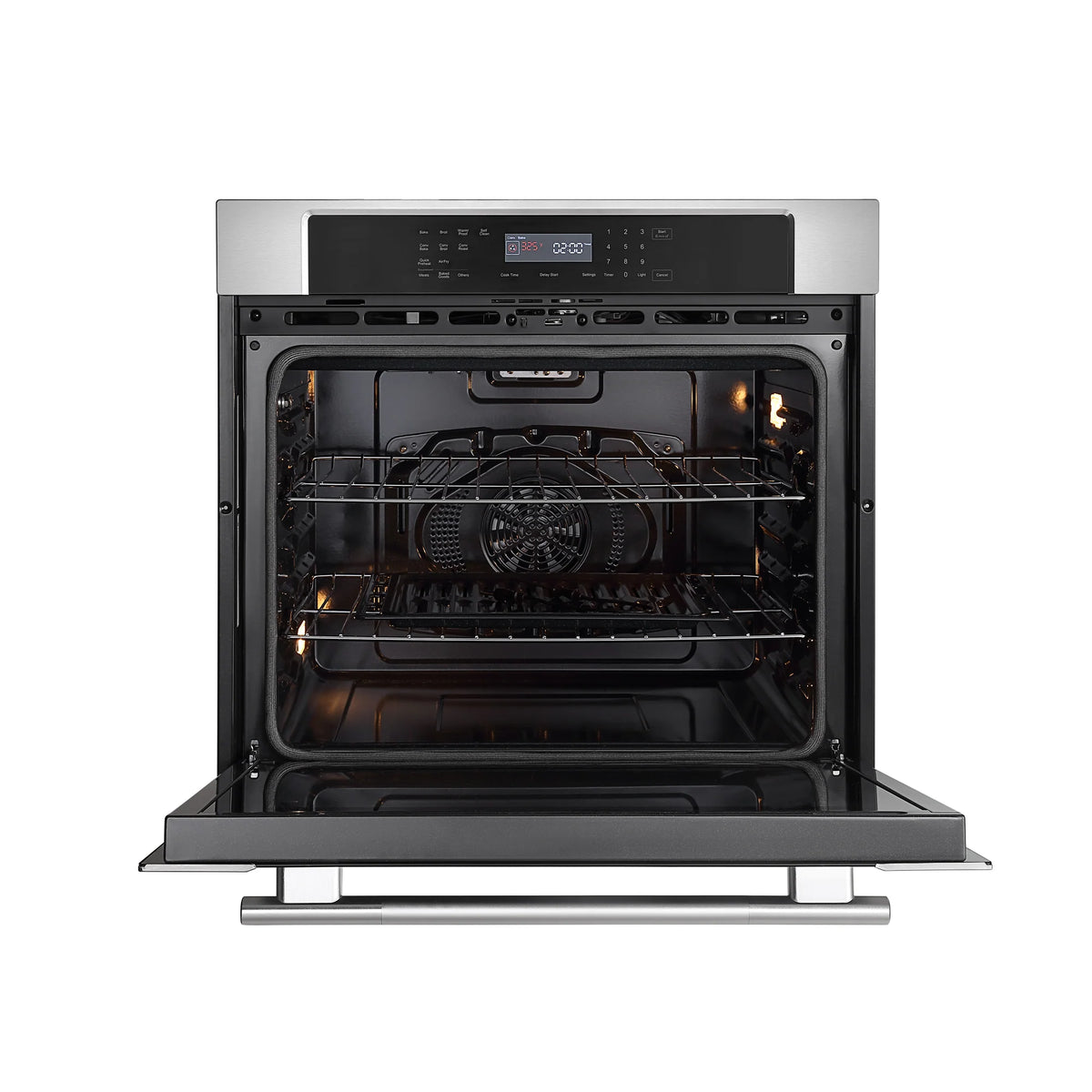 Electric wall oven with door open, convection fan visible, interior light on