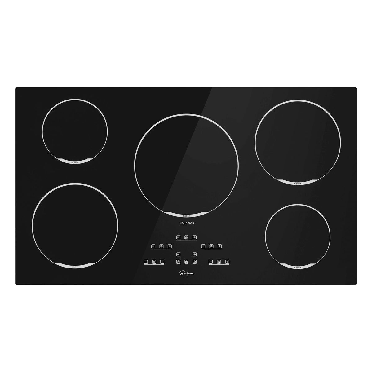 Black 5-zone induction cooktop with five circular burner zones and touch controls.