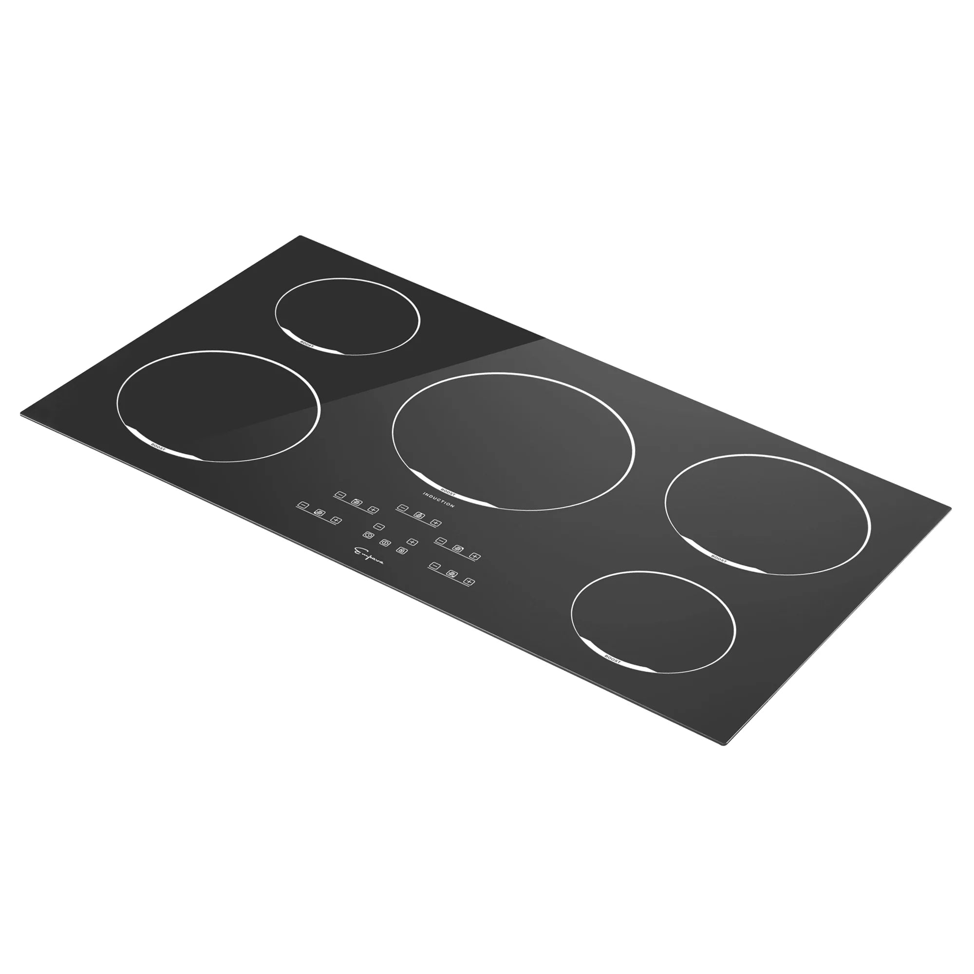 Black 5-zone induction cooktop at an angle with five circular zones and control buttons.