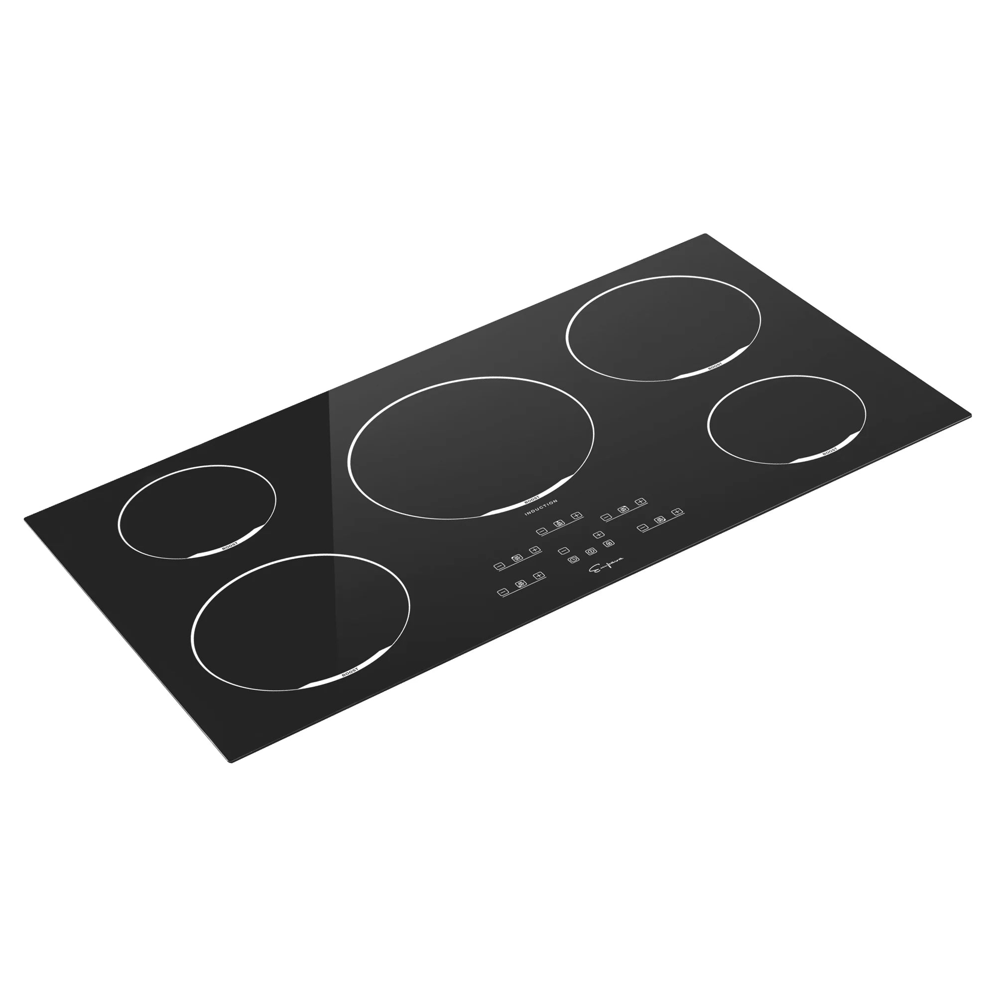 Black 5-zone induction cooktop viewed at an angle, showing five burner zones and icons.