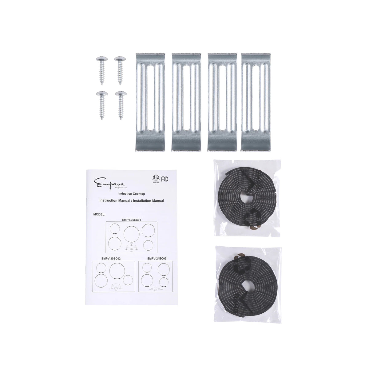 Induction cooktop accessories: installation manual, mounting screws, and two coil modules.