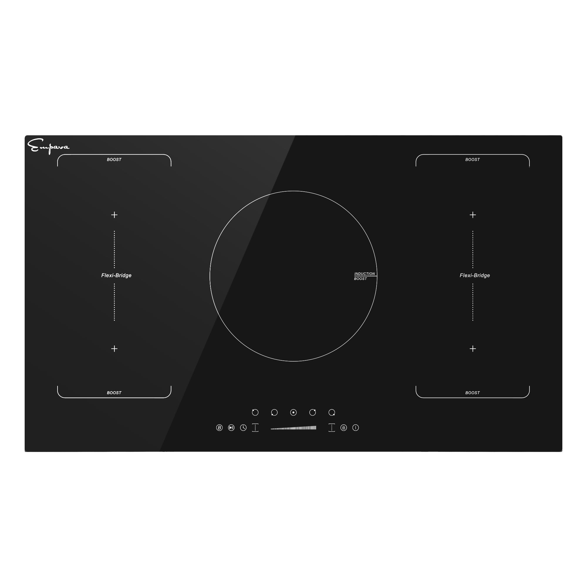 Black glass induction cooktop with touch controls and single large cooking zone.