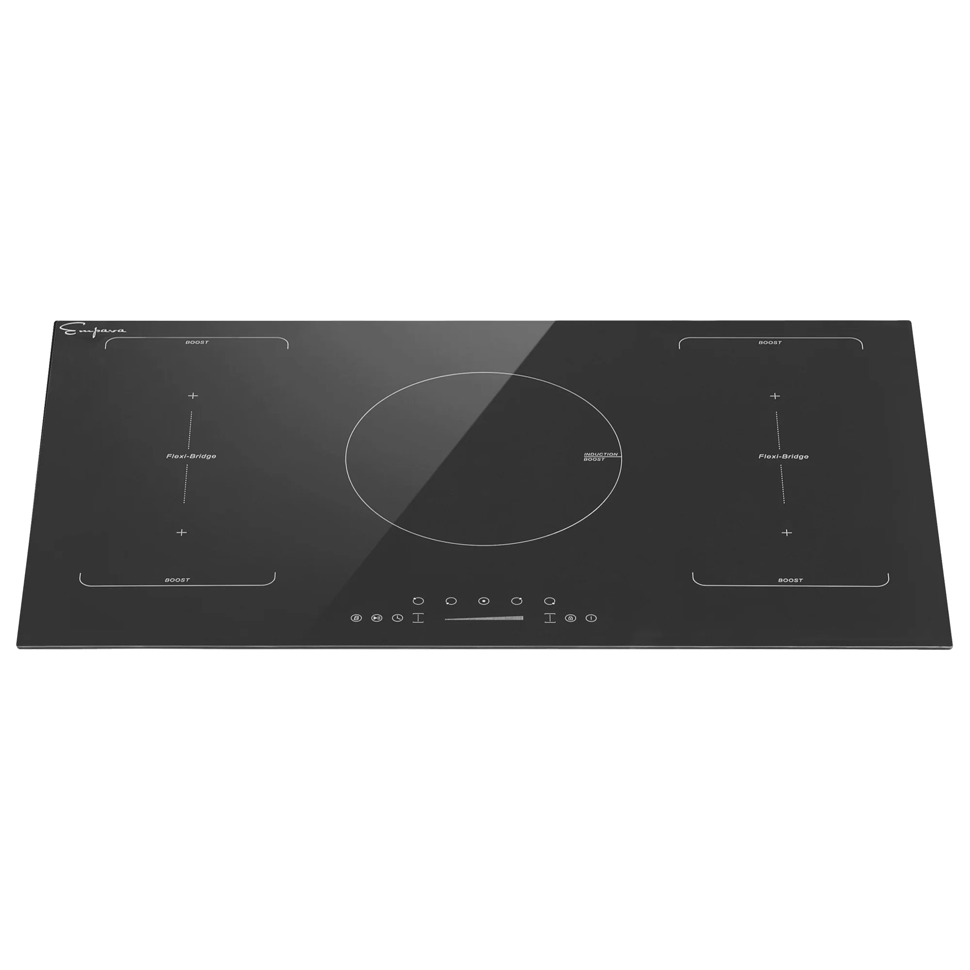 Black glass induction cooktop with touch control panel and centered large cooking zone.