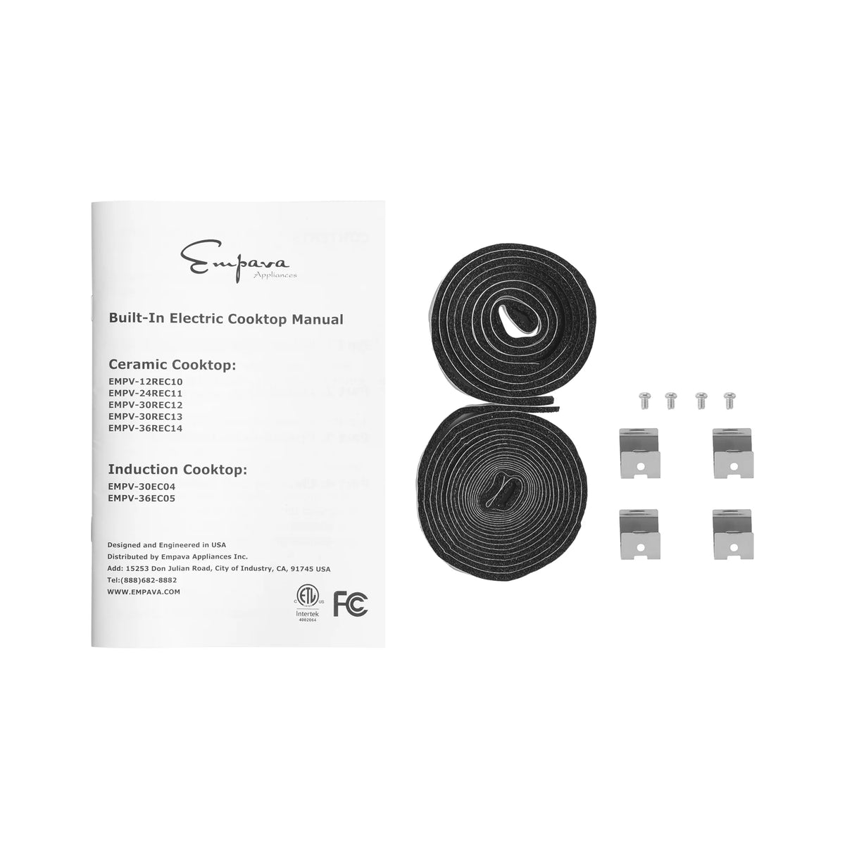 Cooktop accessories set: induction coil rings, mounting brackets, and instruction manual.
