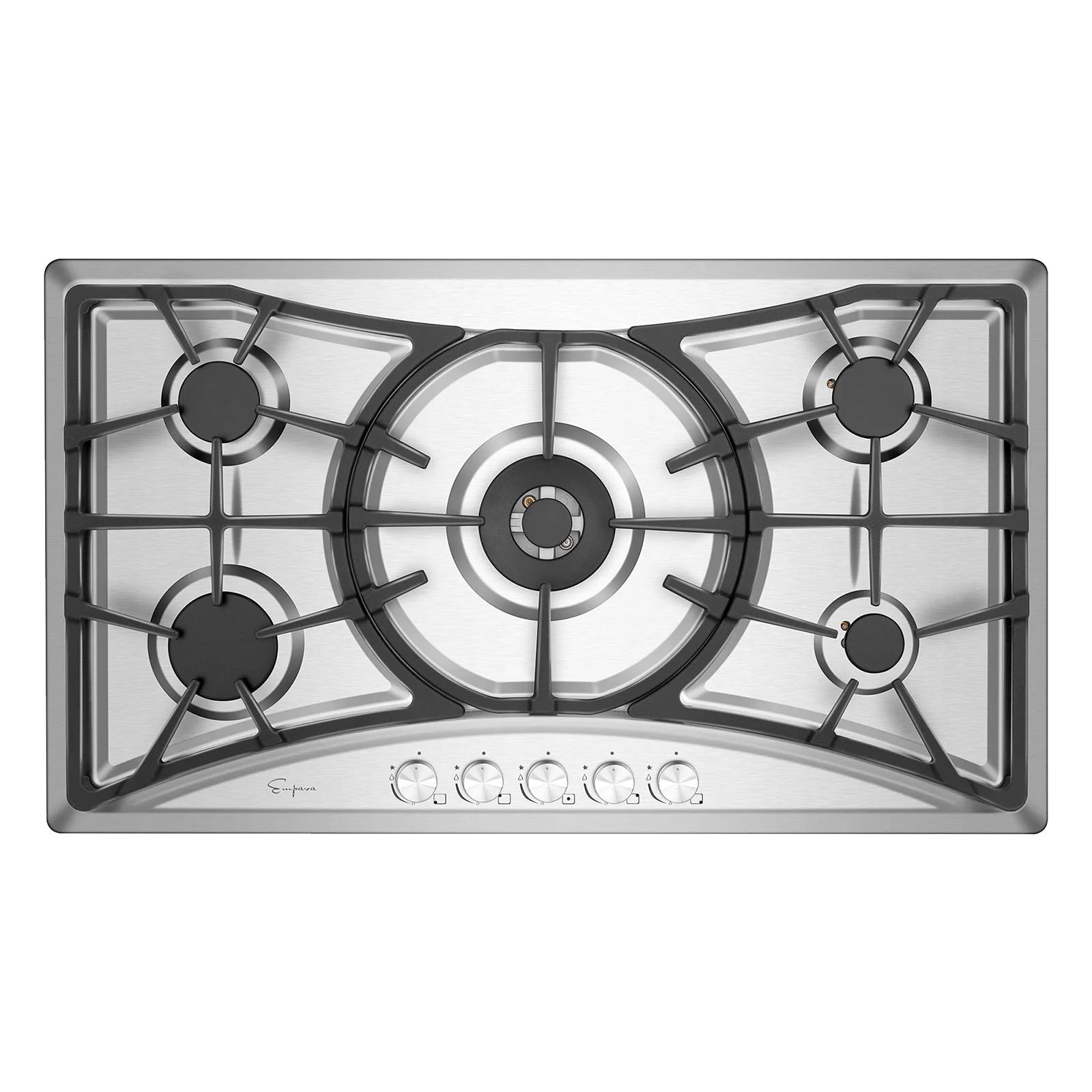 Stainless steel 36-inch built-in natural gas cooktop with four burners and control knobs