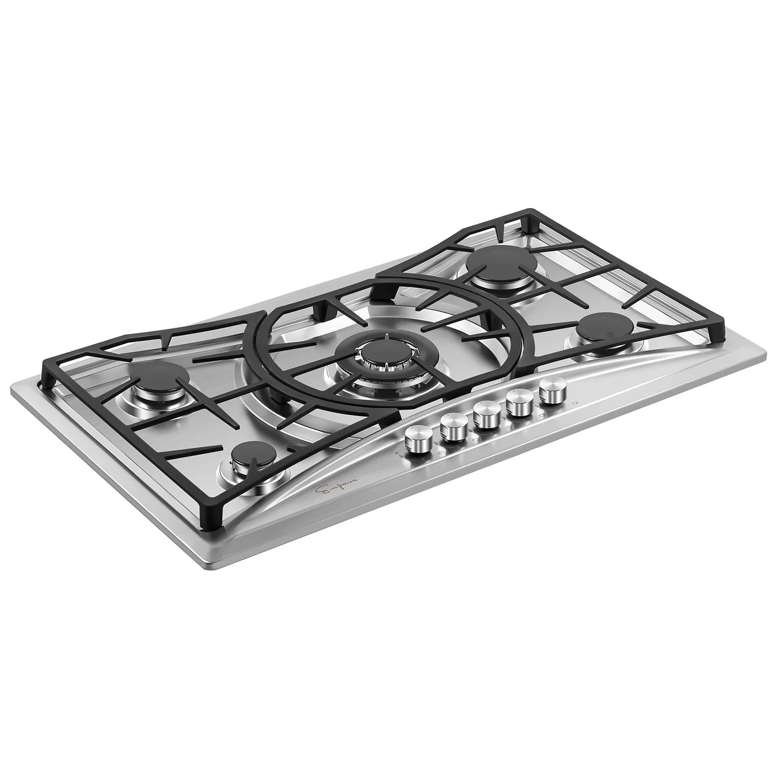 Stainless steel gas cooktop with five burner grates and front control knobs