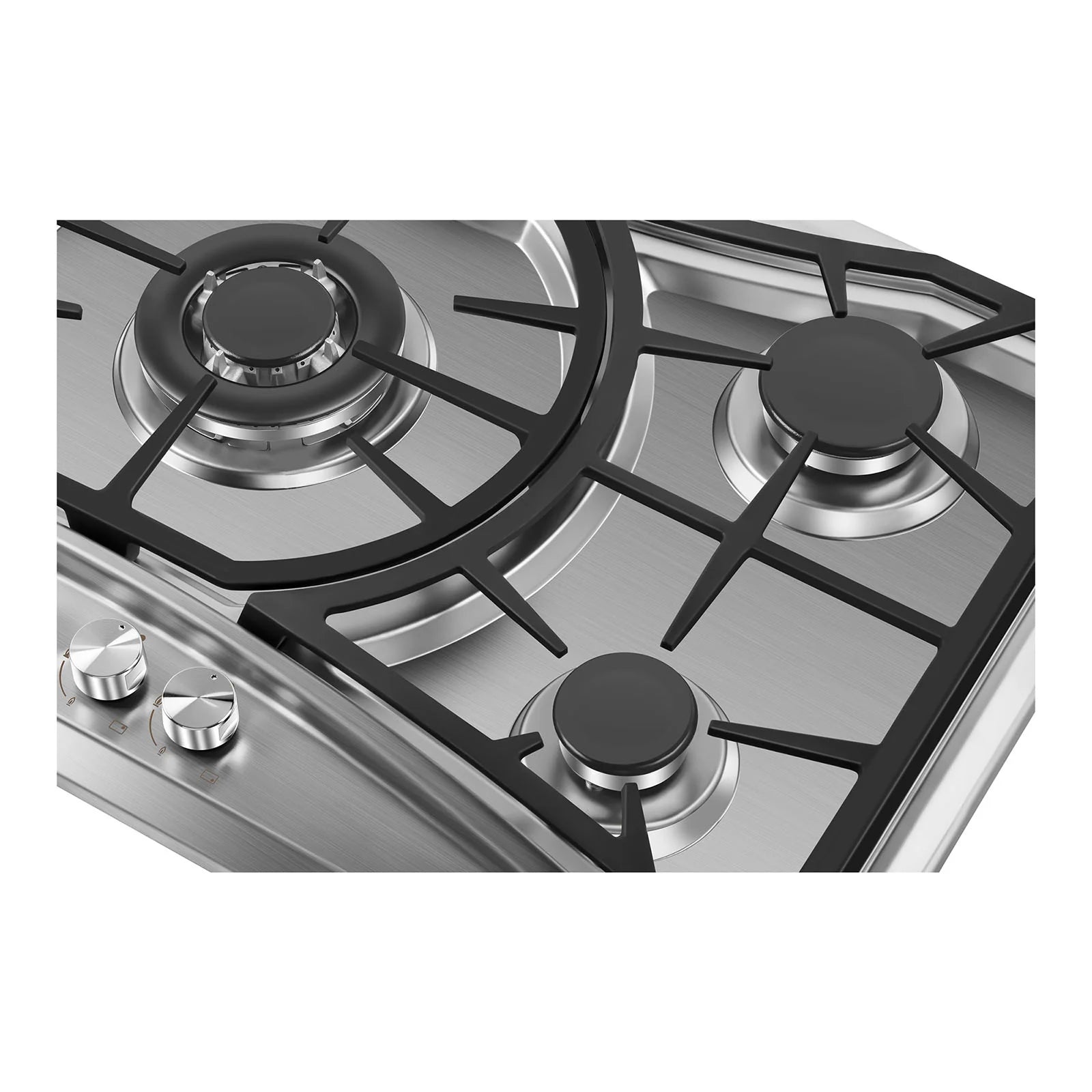 Stainless steel gas cooktop with black burner caps and cross-shaped cast grates