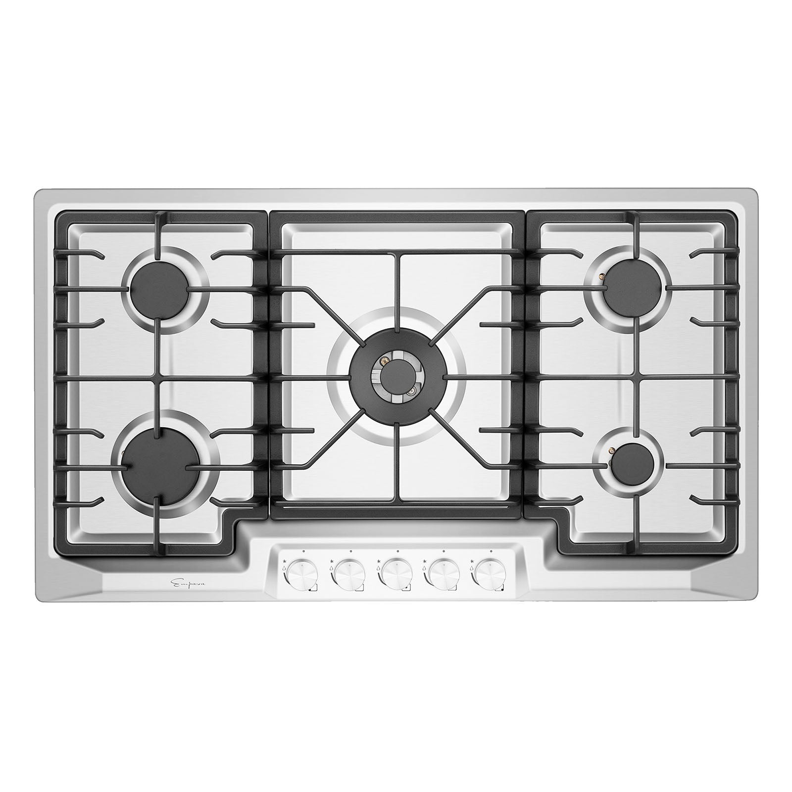 Stainless steel built-in natural gas cooktop with five burners and metal grates