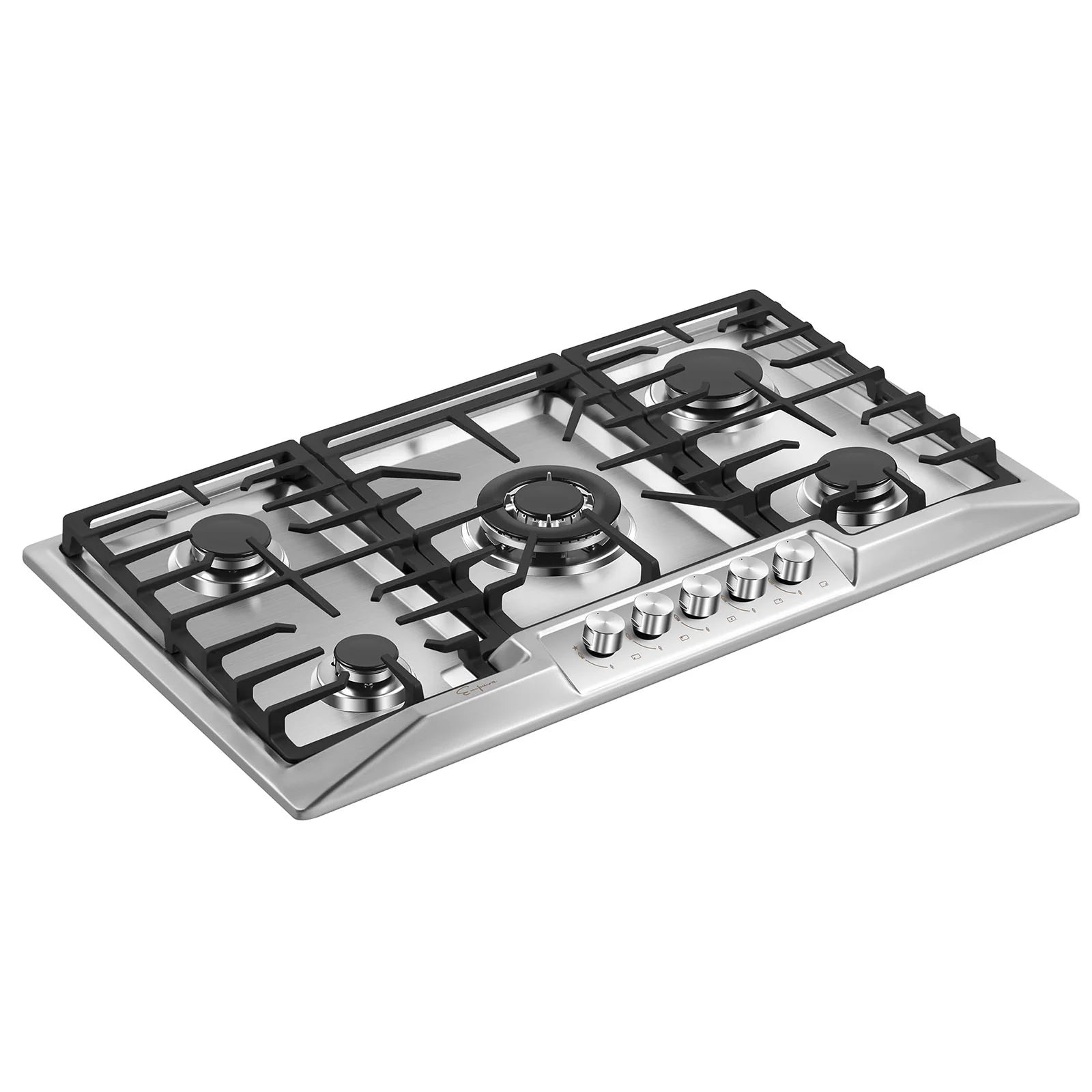 Stainless steel built-in natural gas cooktop at an angle with five burners and knobs