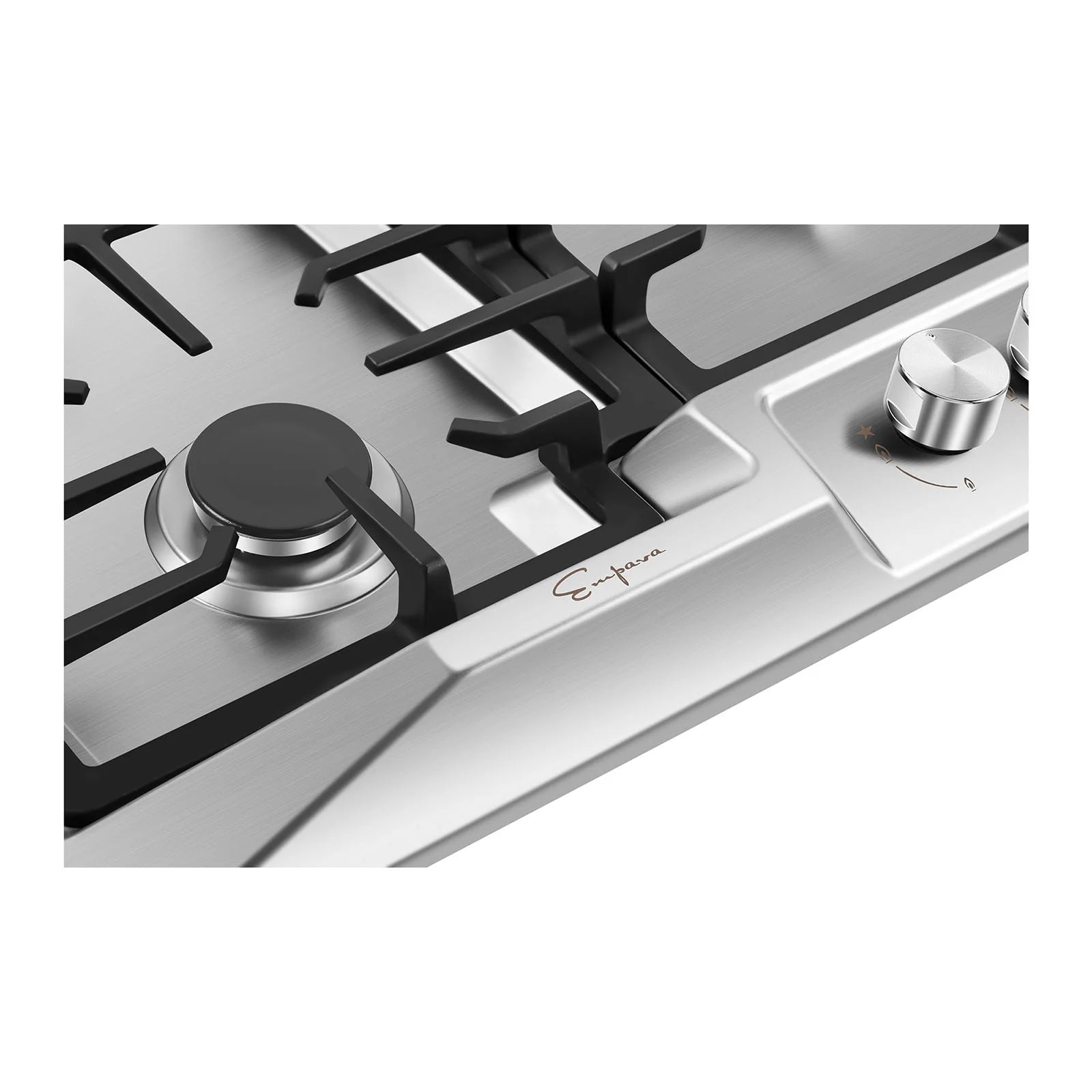 Stainless steel natural gas cooktop close-up of burner caps and right control knob